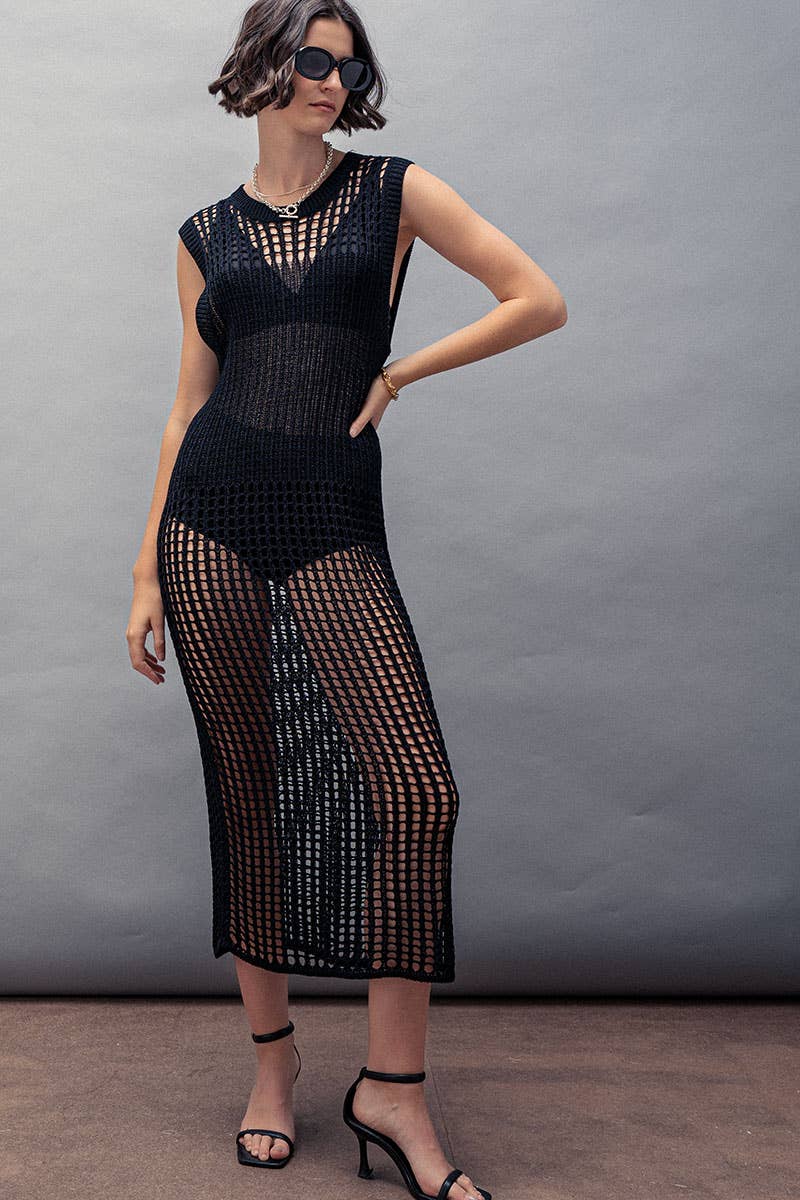 Crochet Knit Hollow Out Cap Sleeve Maxi Dress