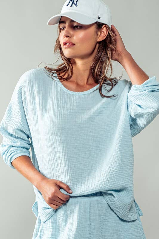 Urban Daizy Vintage Bubble Gauze Oversized Long Sleeve Lounge Top Blue-Sage Knit Top - Women's (UDZ-TP-00516)