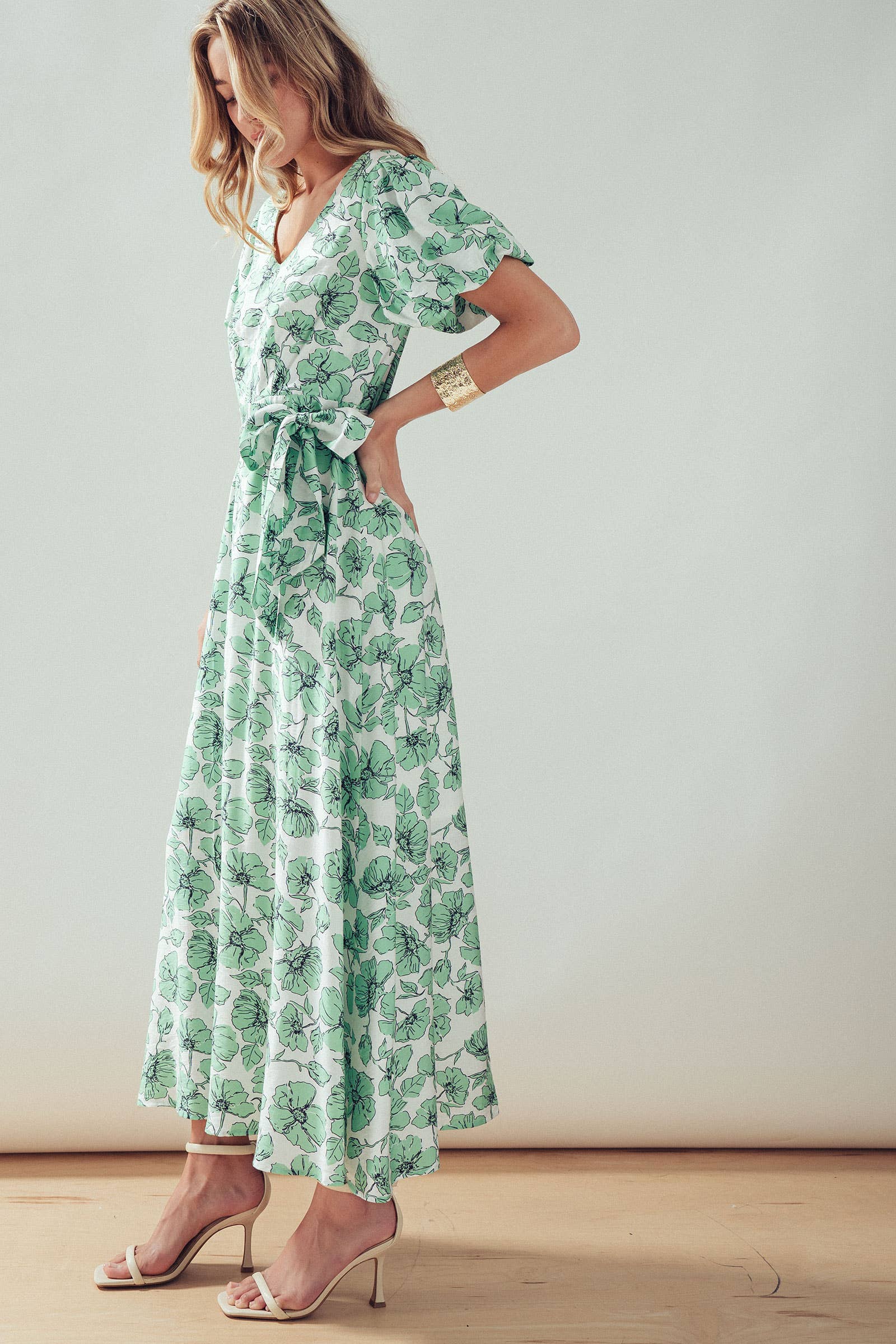 Green Floral Puff Sleeve Midi Dress