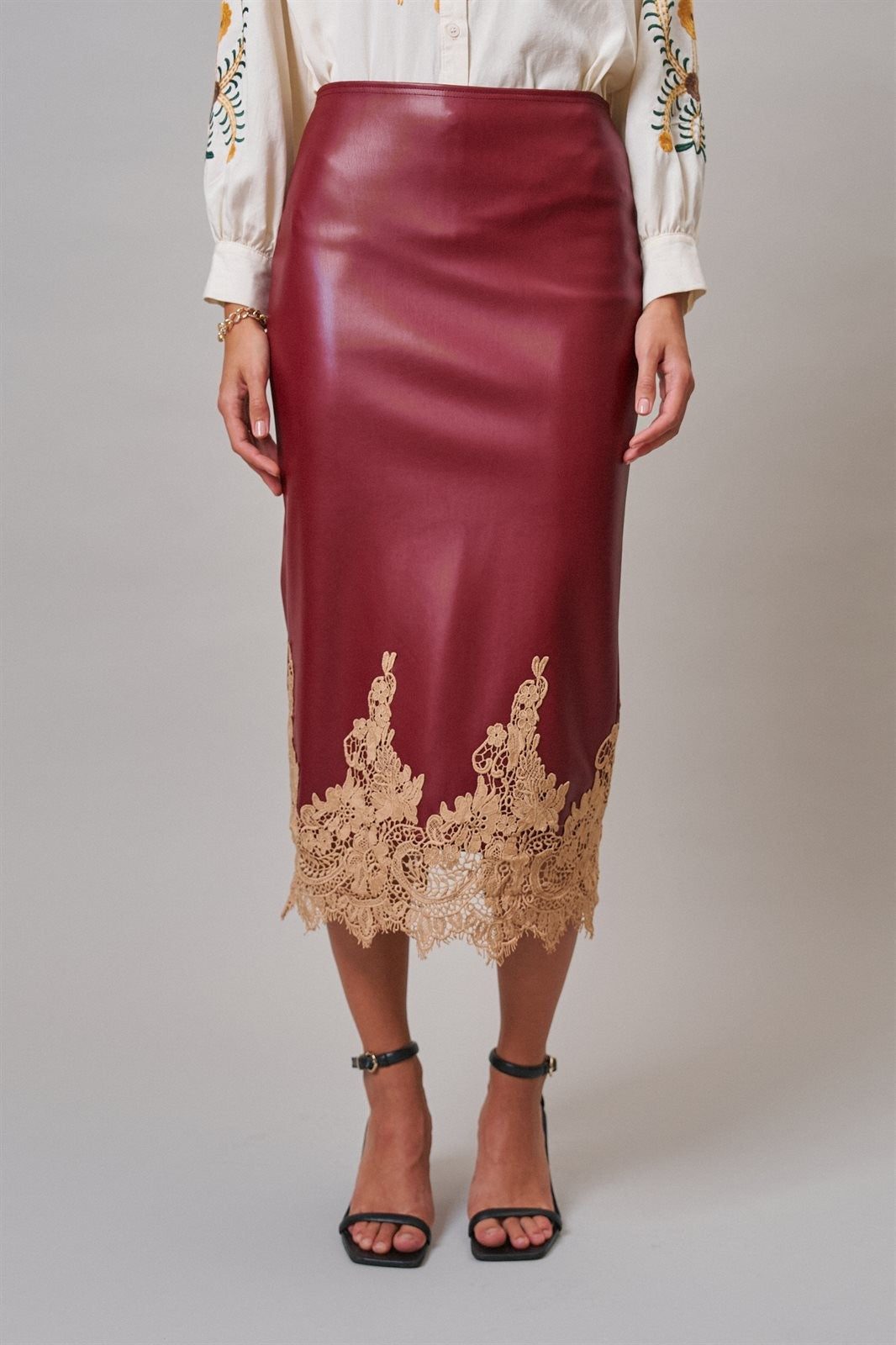 Faux Leather Lace Trim Midi Pencil Skirt in BURGUNDY - Women's Midi Skirts | Urban Daizy