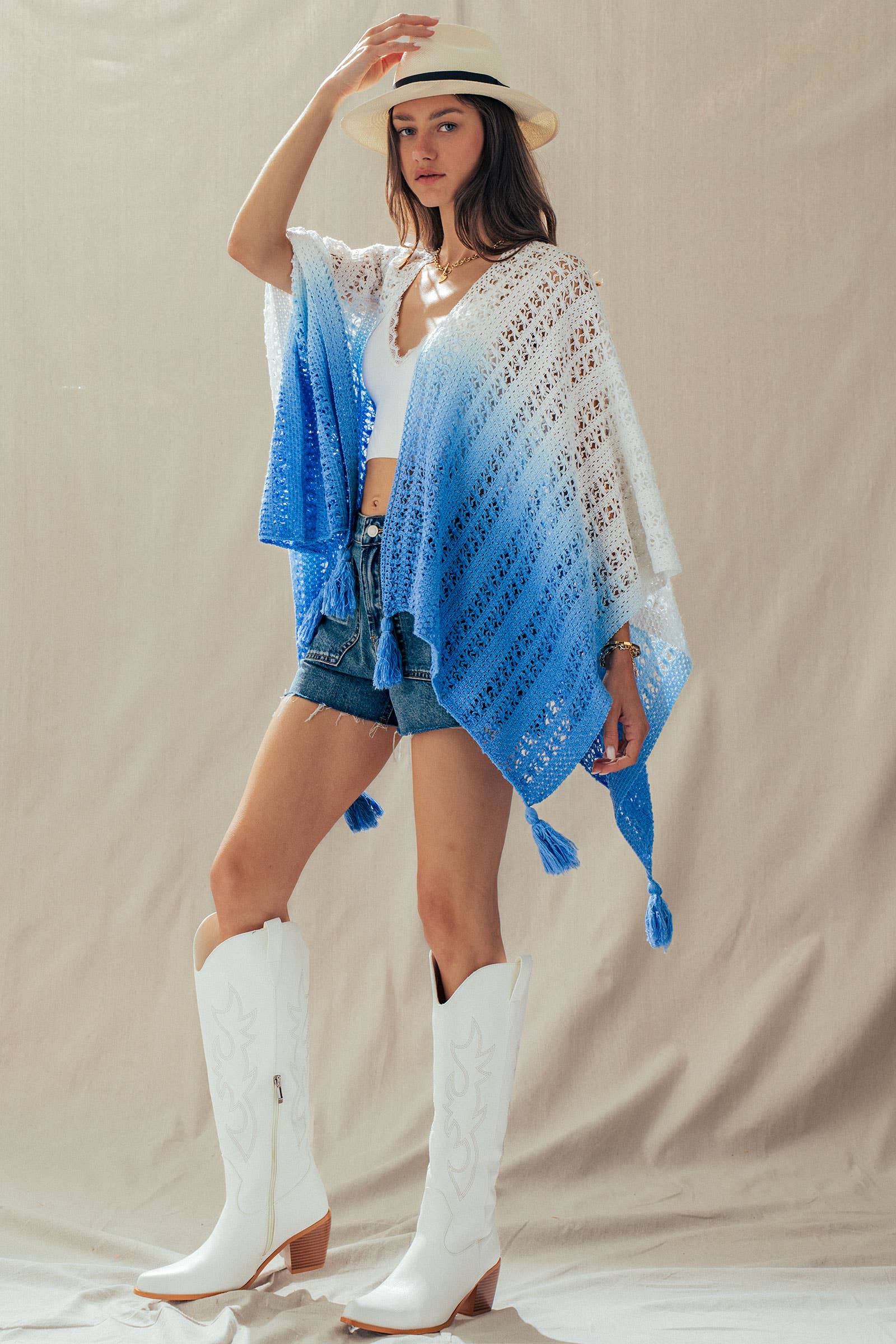 Urban Daizy Ombre Crochet Knit Poncho Tassel Cover-Up Sage Poncho - Women's (UDZ-OT-00492) – alternate view 15