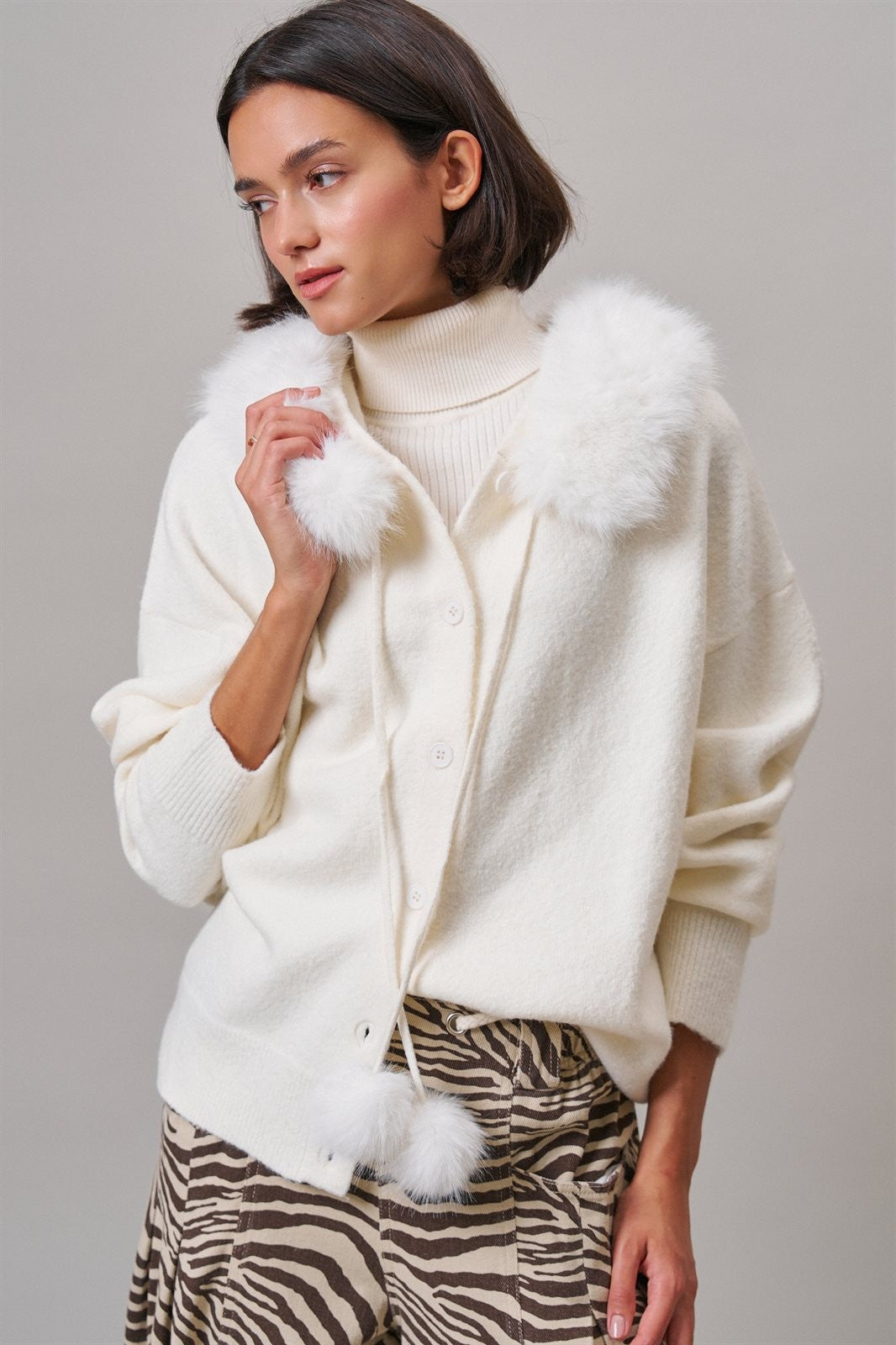 Faux Fur Hood Pom Pom Cardigan Wool Blend in Baby Blue in IVORY - Women's Cardigans & Shrugs | Urban Daizy