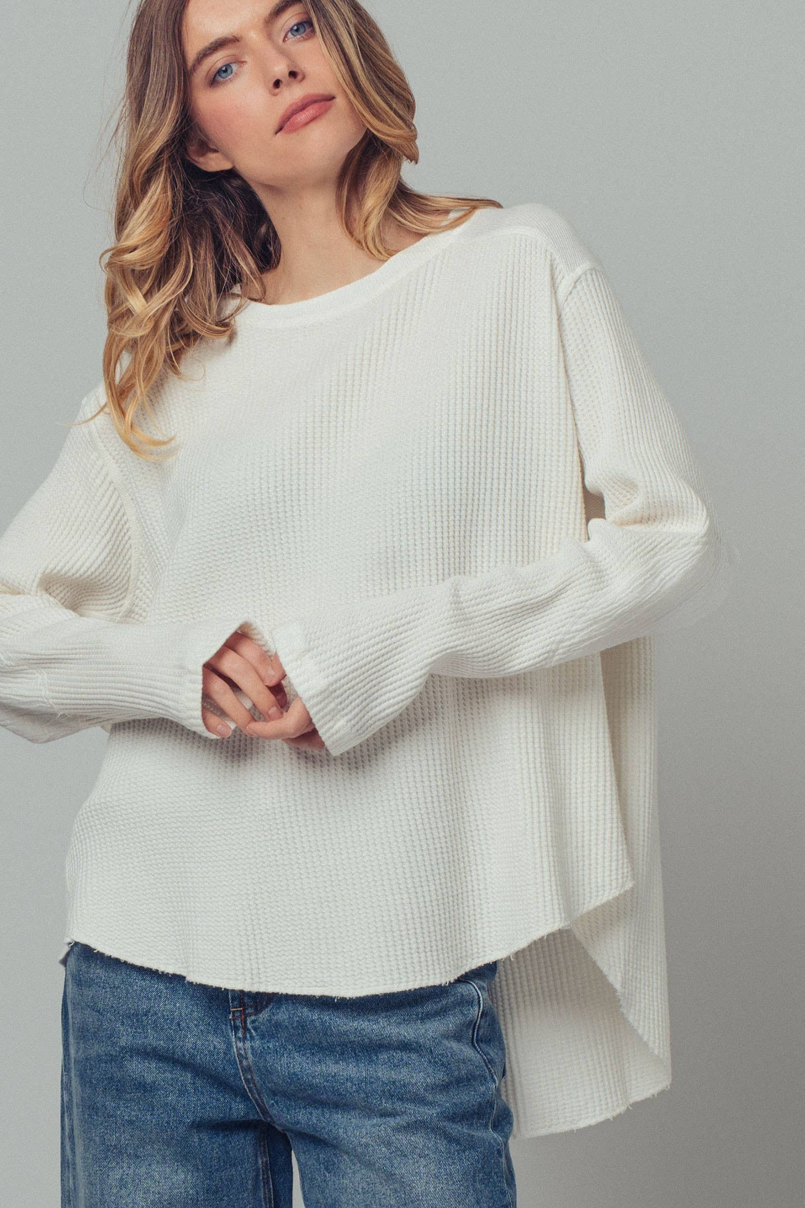 Oversized Waffle Knit High-Low Tunic Top