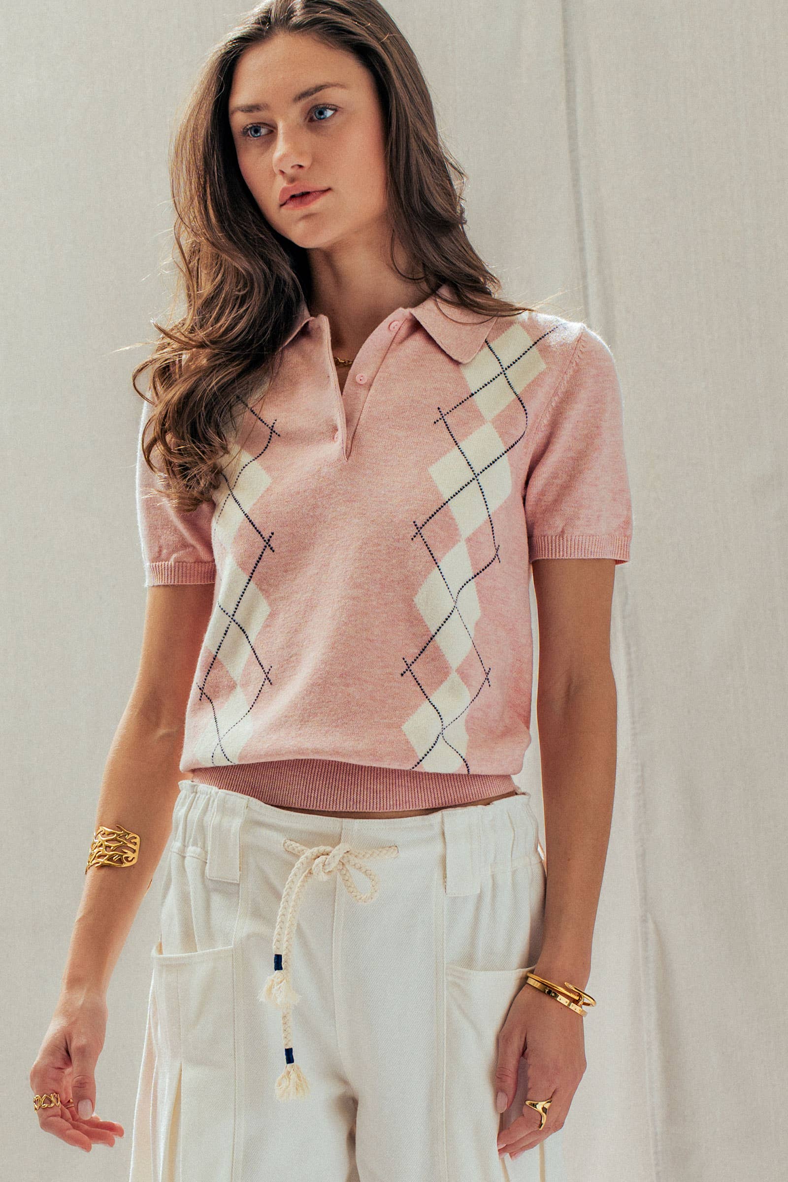 Preppy Argyle Short Sleeve Sweater