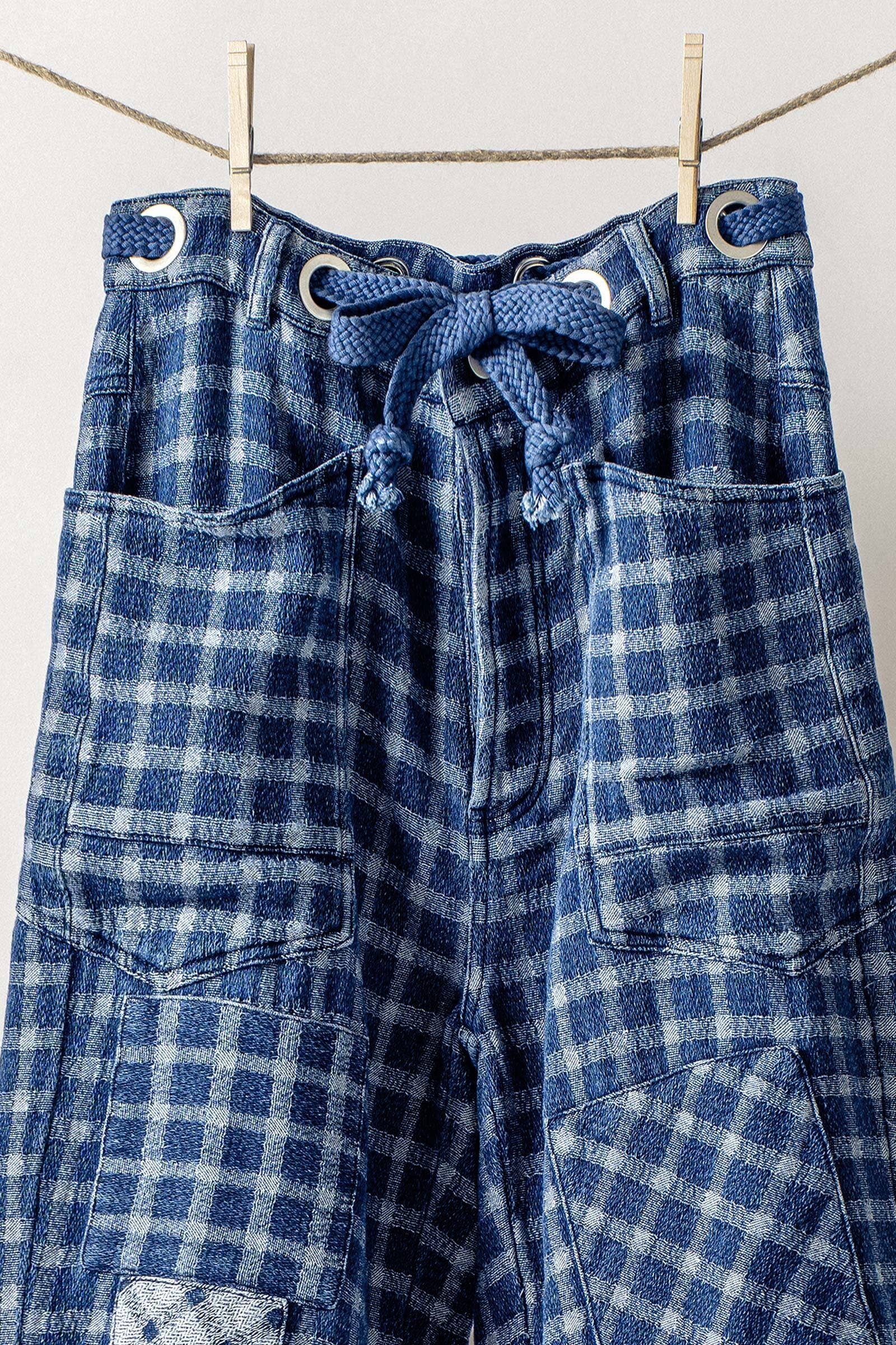 Checkered Vintage Wash Denim Pants