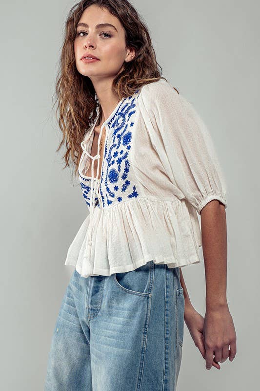 Urban Daizy Boho Embroidered Puff Sleeve Ruffle Blouse White Blouse - Women's (UDZ-TP-00705) – alternate view 8