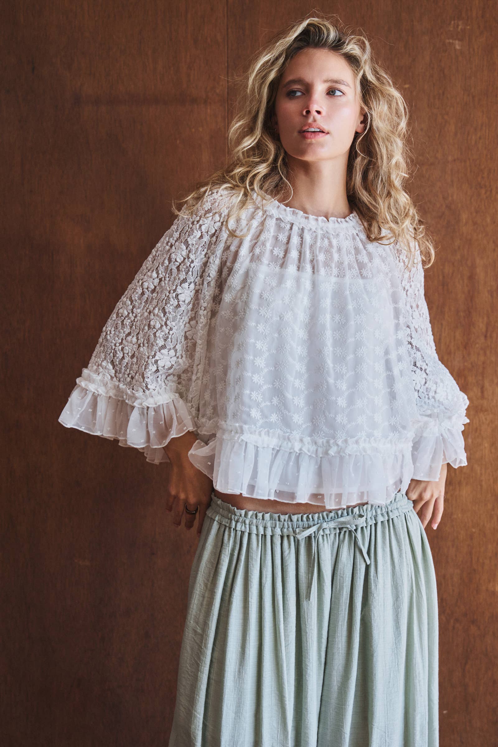 Swiss Dot Lace Top Ruffle Flutter Sleeve