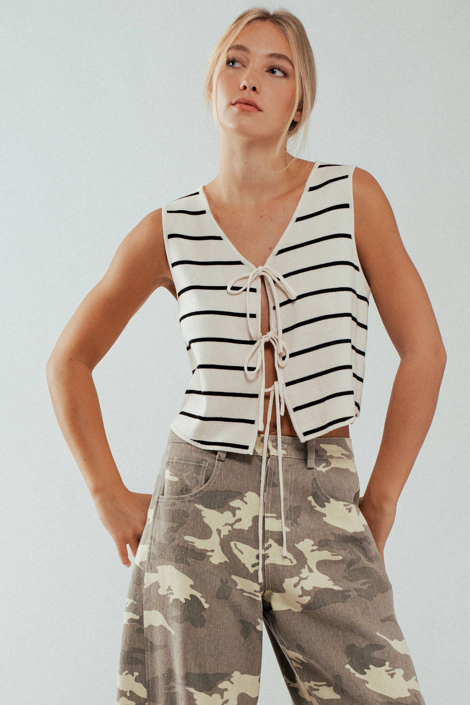 Urban Daizy Striped Tie-Front Cropped Knit Top Black White Knit Top - Women's (UDZ-TP-00750) – alternate view 4