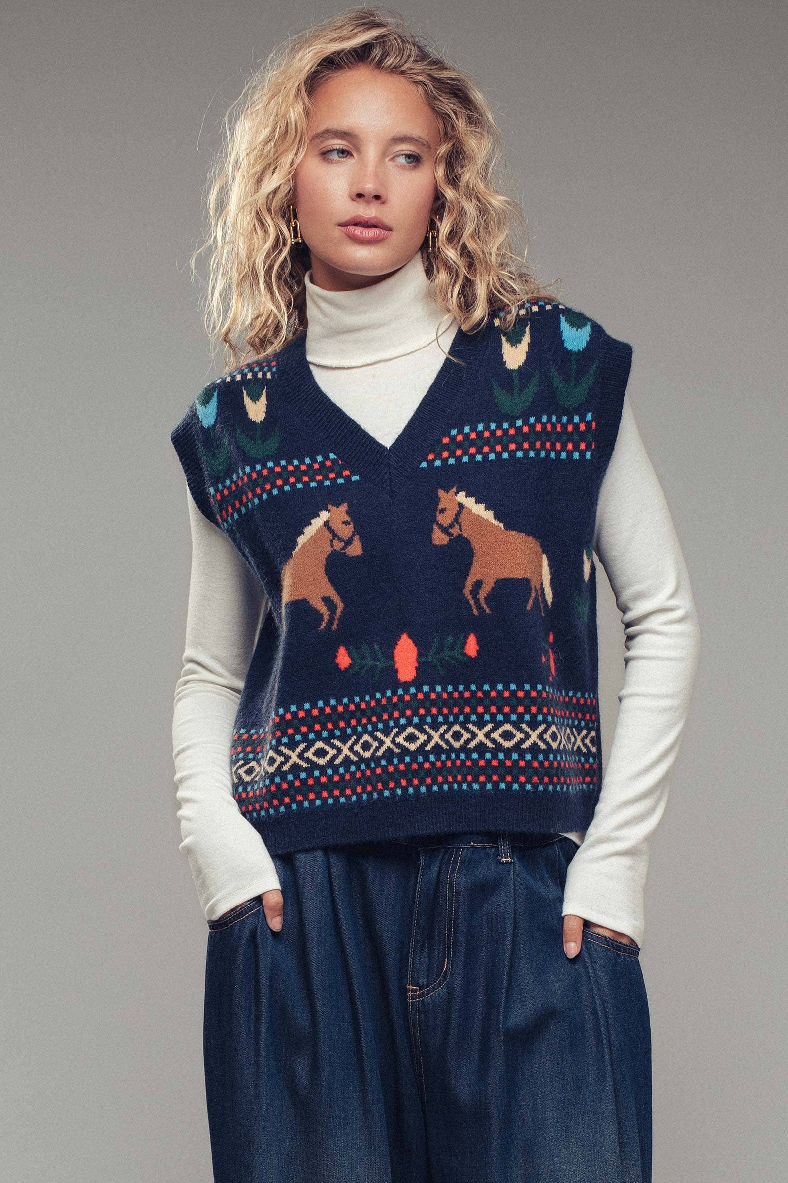 Equestrian Horse Intarsia Sweater Vest