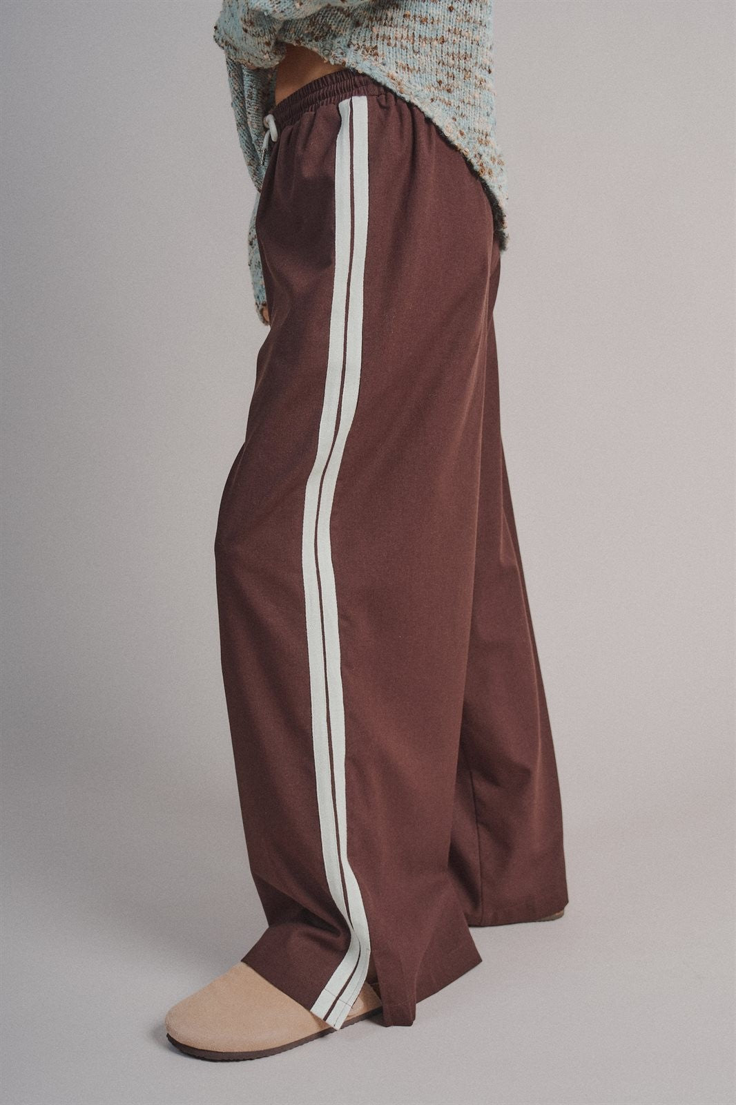 Side Stripe Drawstring Wide-Leg Pants in BROWN - Women's Casual Pants | Urban Daizy