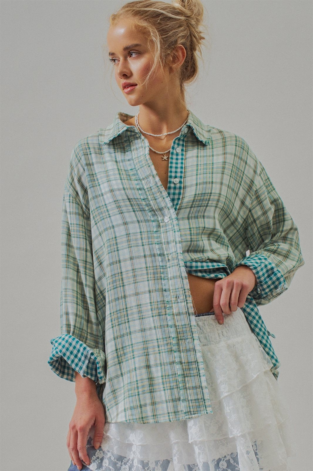 Oversized Plaid Cotton Button-Down Shirt in GREEN - Women's Shirts & Blouses | Urban Daizy