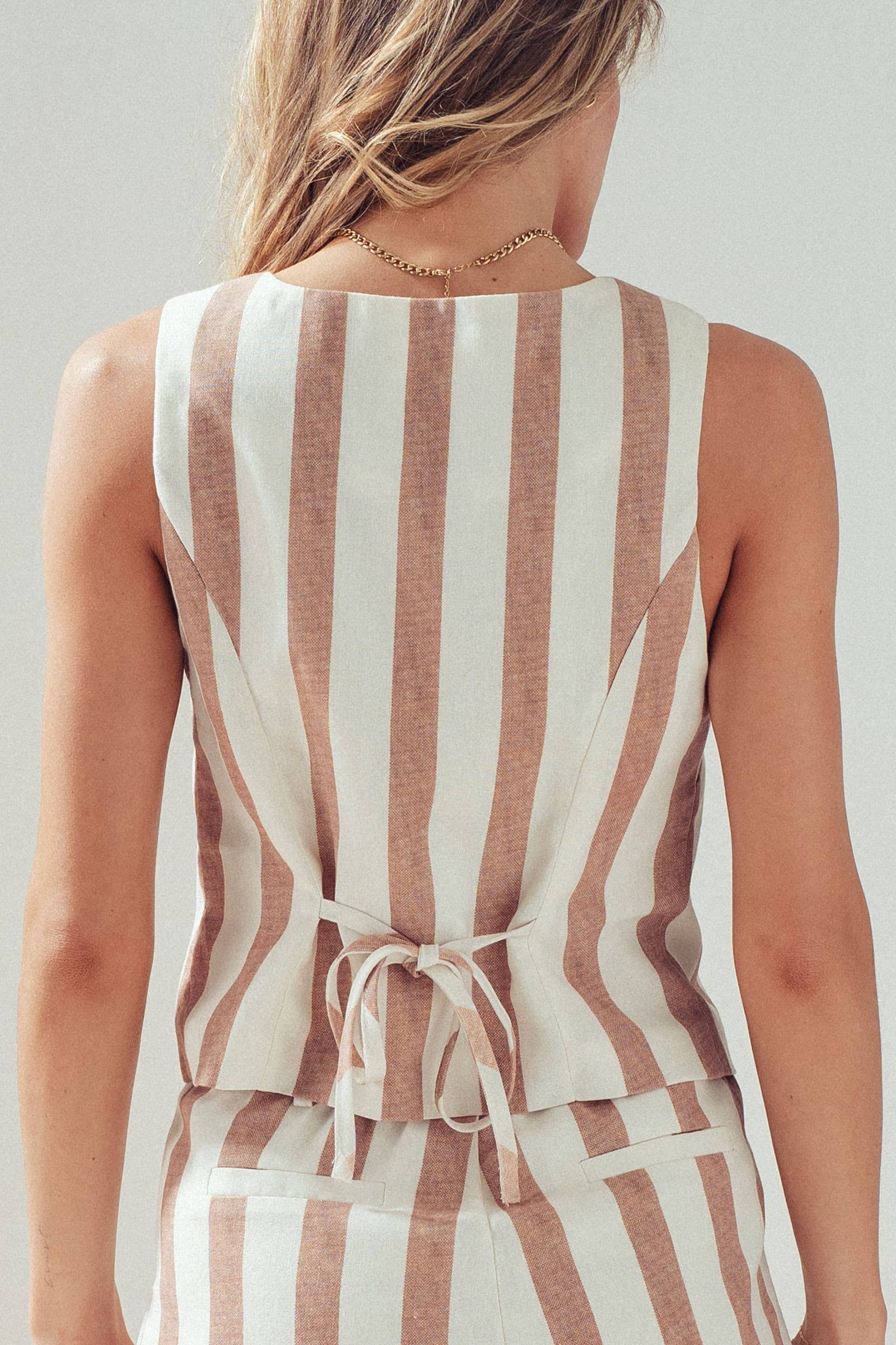 Urban Daizy Striped Linen Blend Two-Piece Set Taupe Top & Short Set (NOT Loungewear) - Women's (UDZ-AC-00232) – alternate view 3