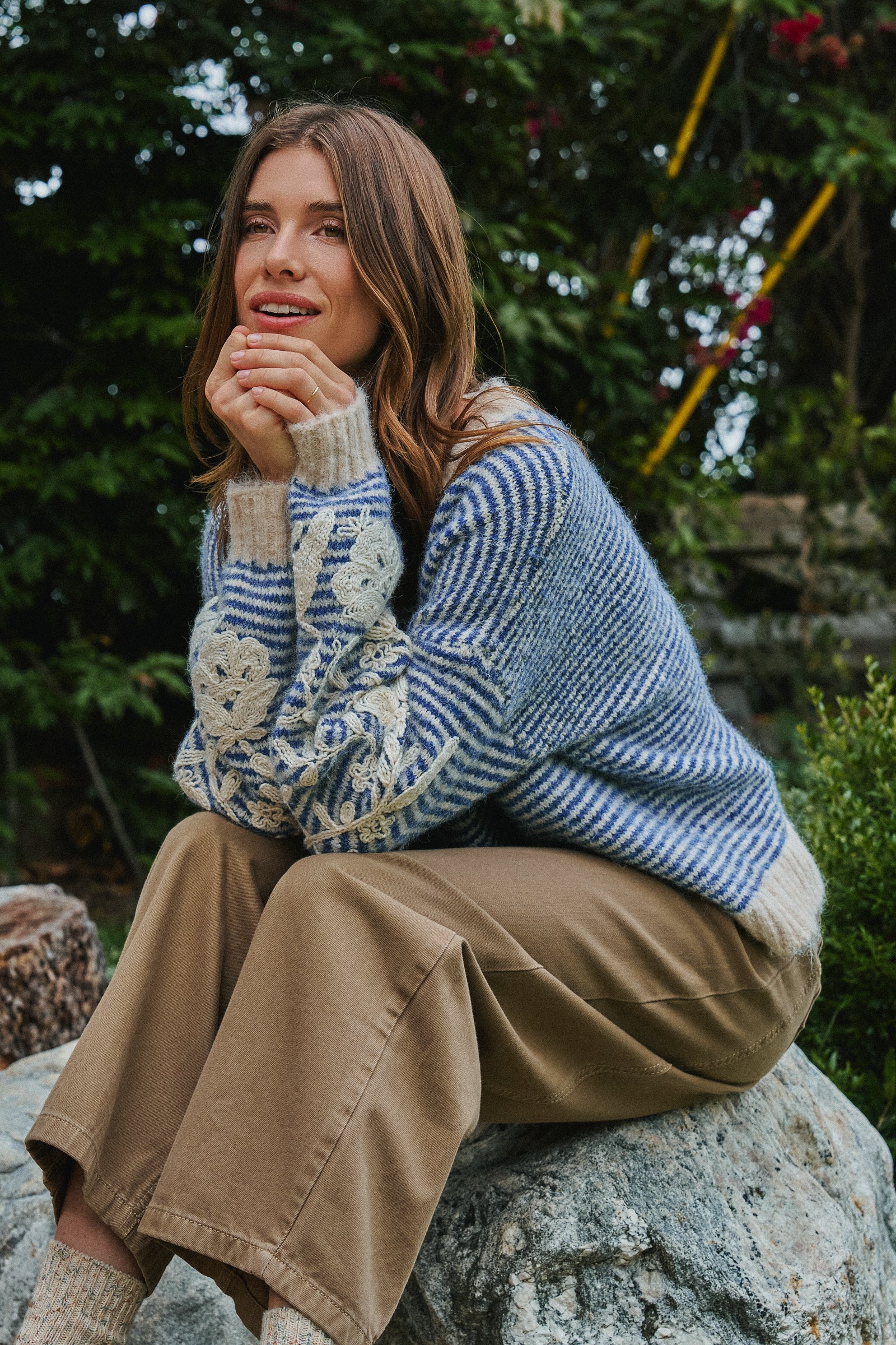 Floral Embroidered Striped Knit Sweater