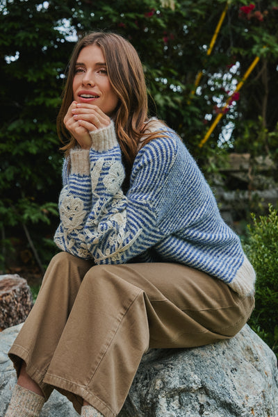 Floral Embroidered Striped Knit Sweater