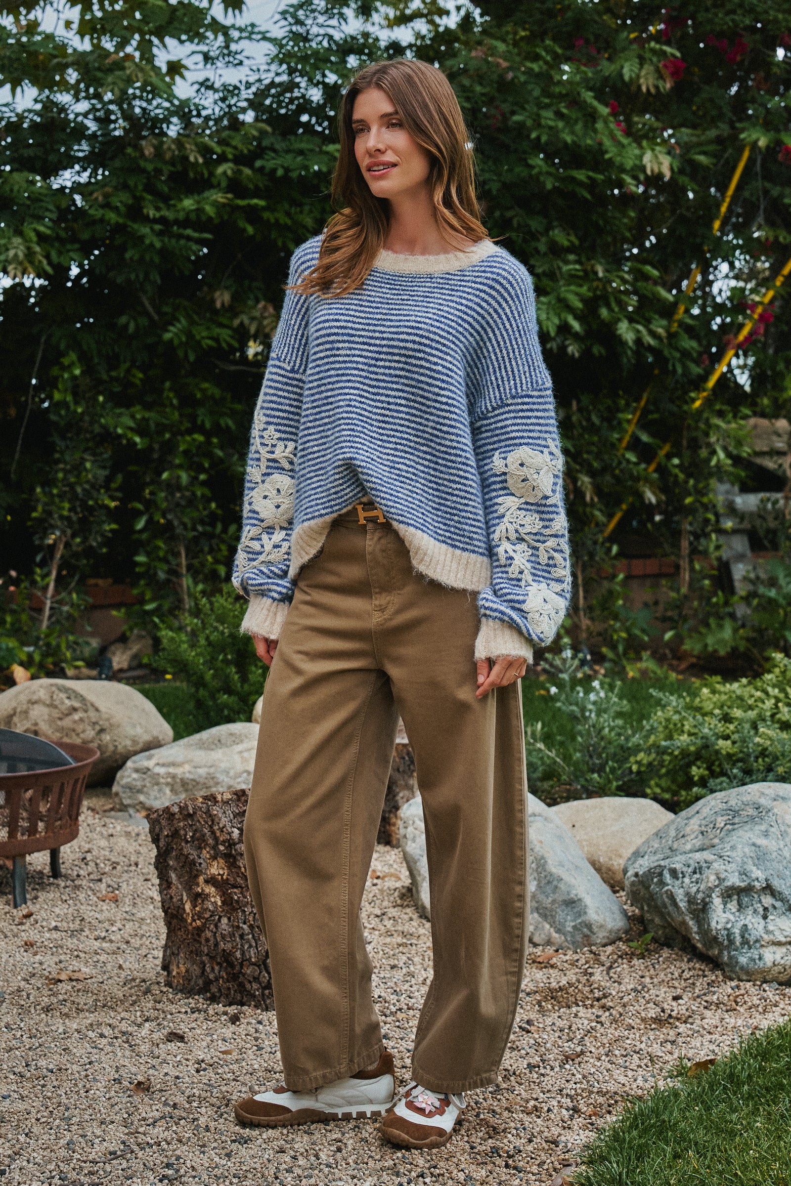 Floral Embroidered Striped Knit Sweater