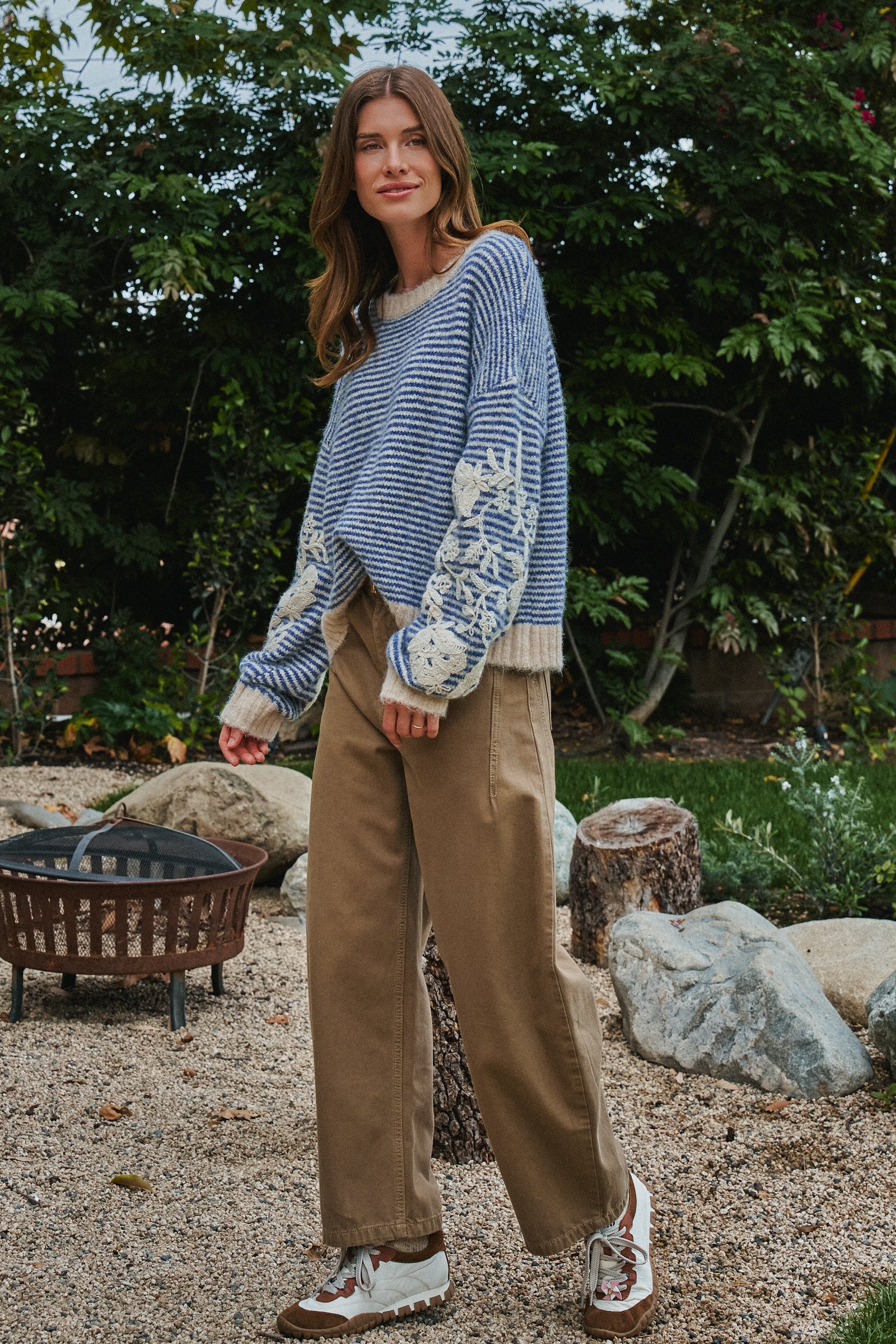 Floral Embroidered Striped Knit Sweater
