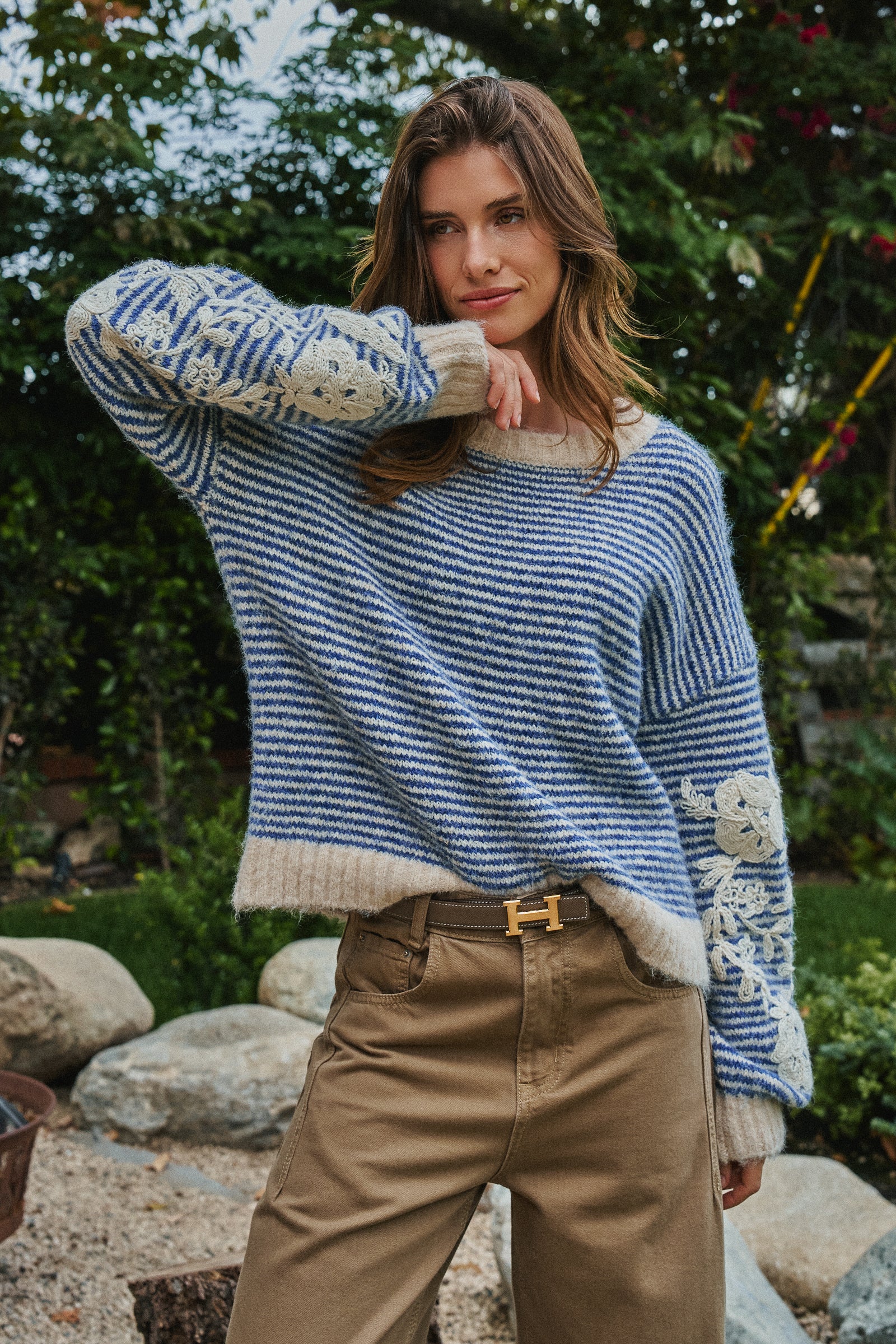 Floral Embroidered Striped Knit Sweater