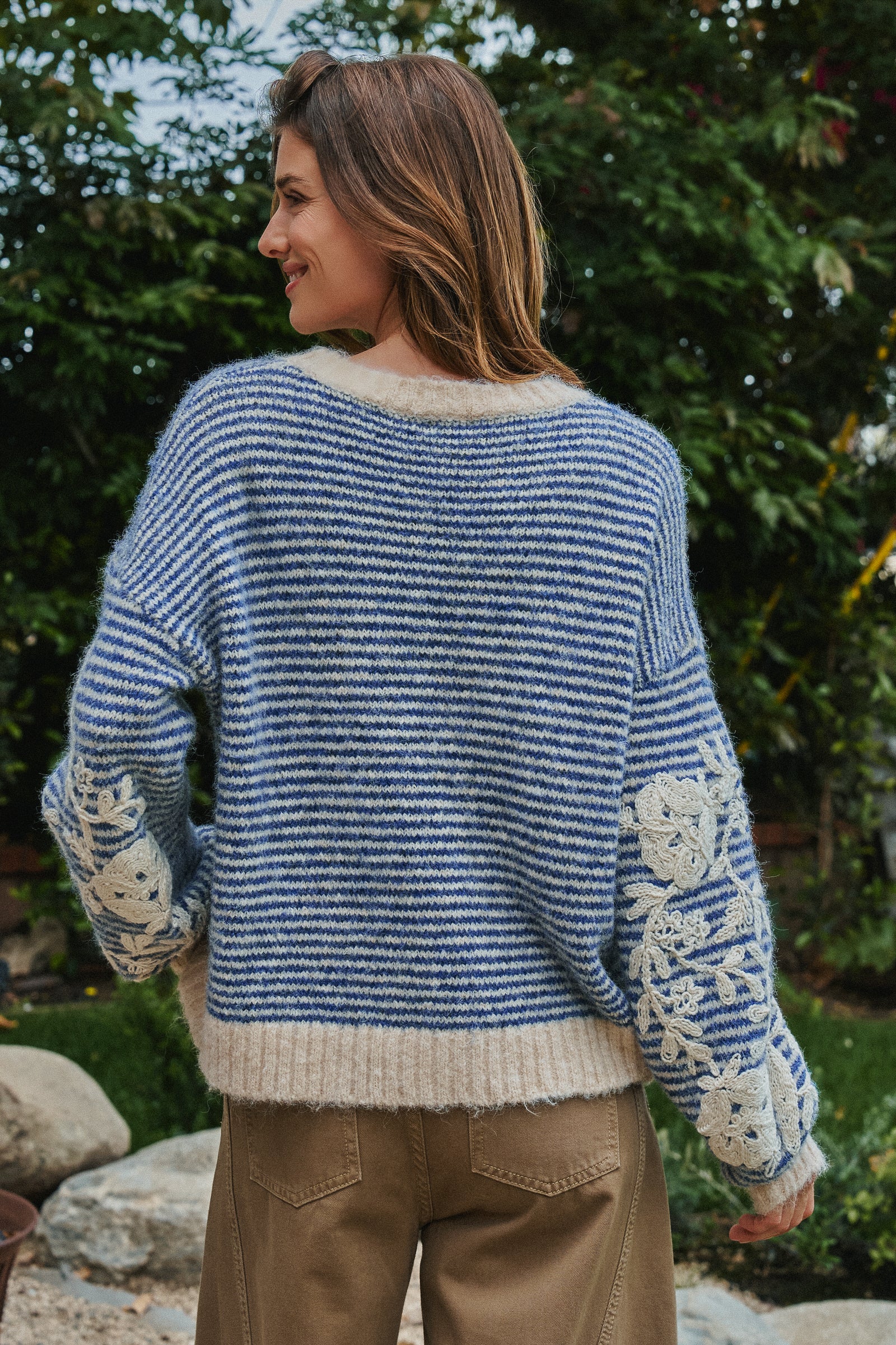 Floral Embroidered Striped Knit Sweater