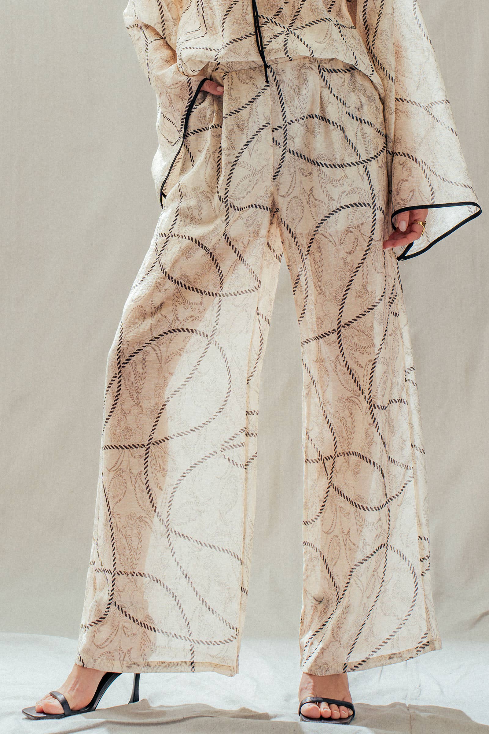 Urban Daizy Nautical Rope Print Wide Leg Tencel Linen Pants Ivory Pants - Women's (UDPT0166-Ivory)