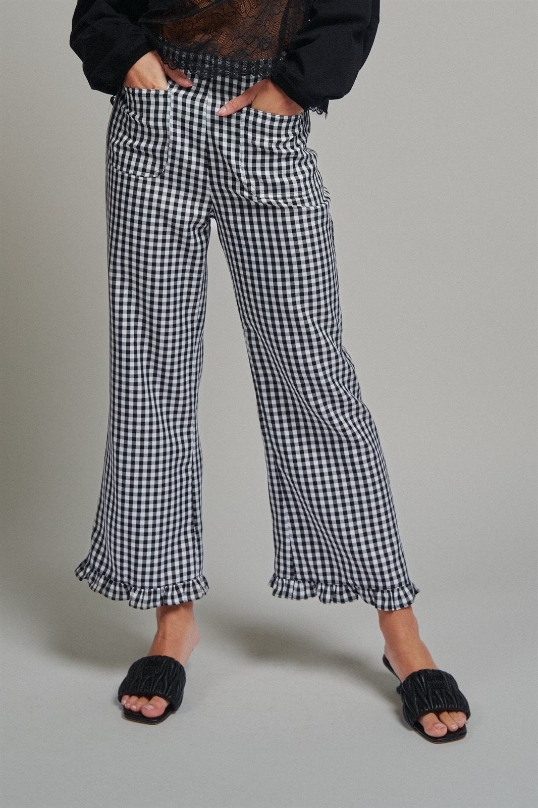 Gingham Ruffle Hem Cropped Wide Leg Pants in Brown in BLACK - Women's Casual Pants | Urban Daizy