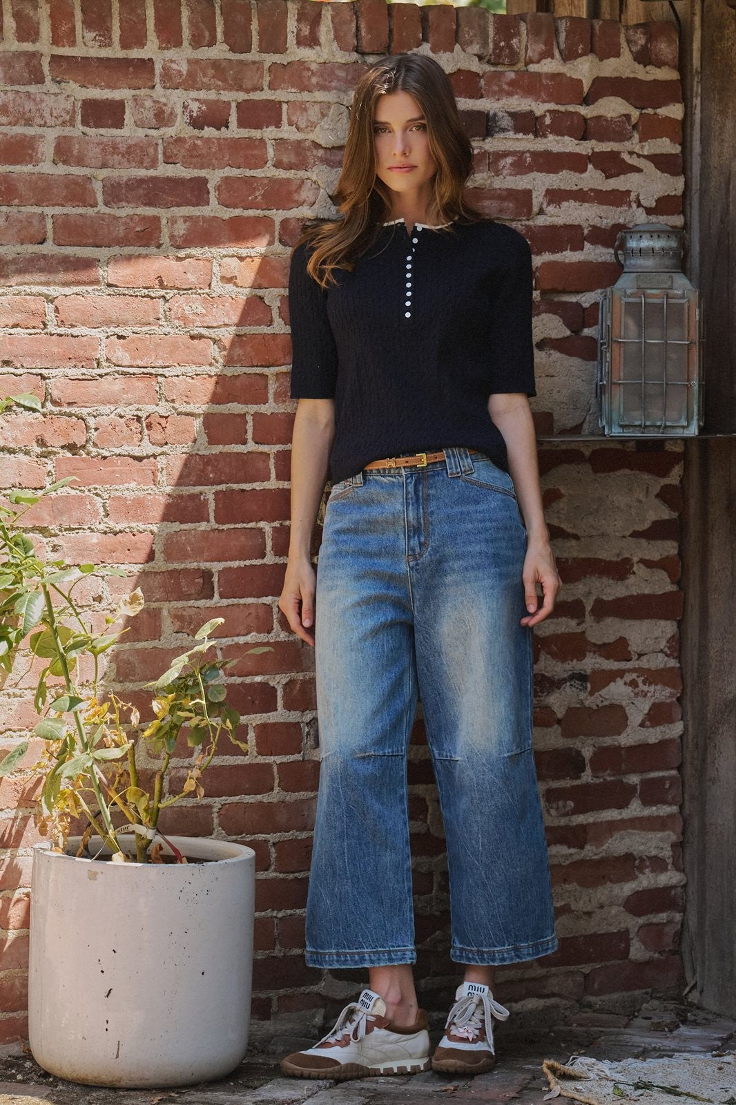 Wool Blend Cable Knit Henley with Contrast Neckline in NAVY - Women's Sweaters | Urban Daizy