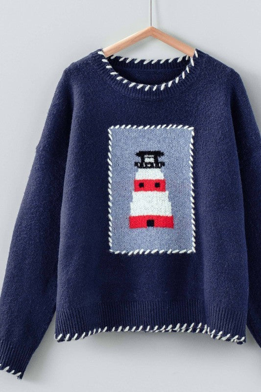 Lighthouse Knit Sweater in NAVY - Women's Sweaters | Urban Daizy