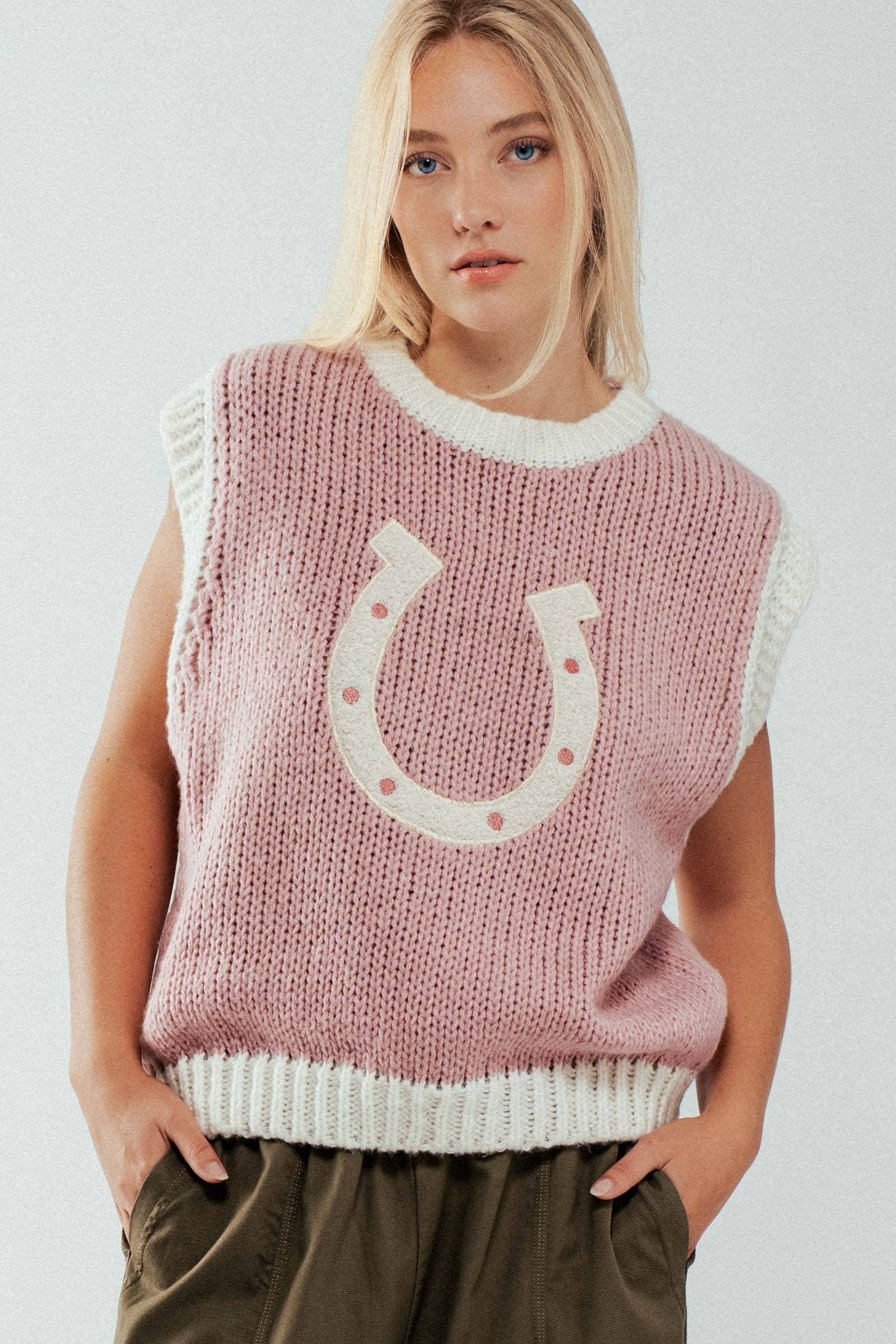 Urban Daizy Western Horseshoe Crochet Knit Ribbed Trim Sweater Vest Mocha Sweater Vest - Women's (UDZ-KN-00574) –…