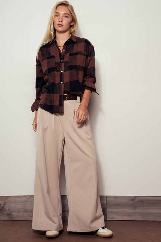 Buffalo Plaid Flannel Shirt Button Up Western Boho Top in BLACK - Women's Shirts & Blouses | Urban Daizy
