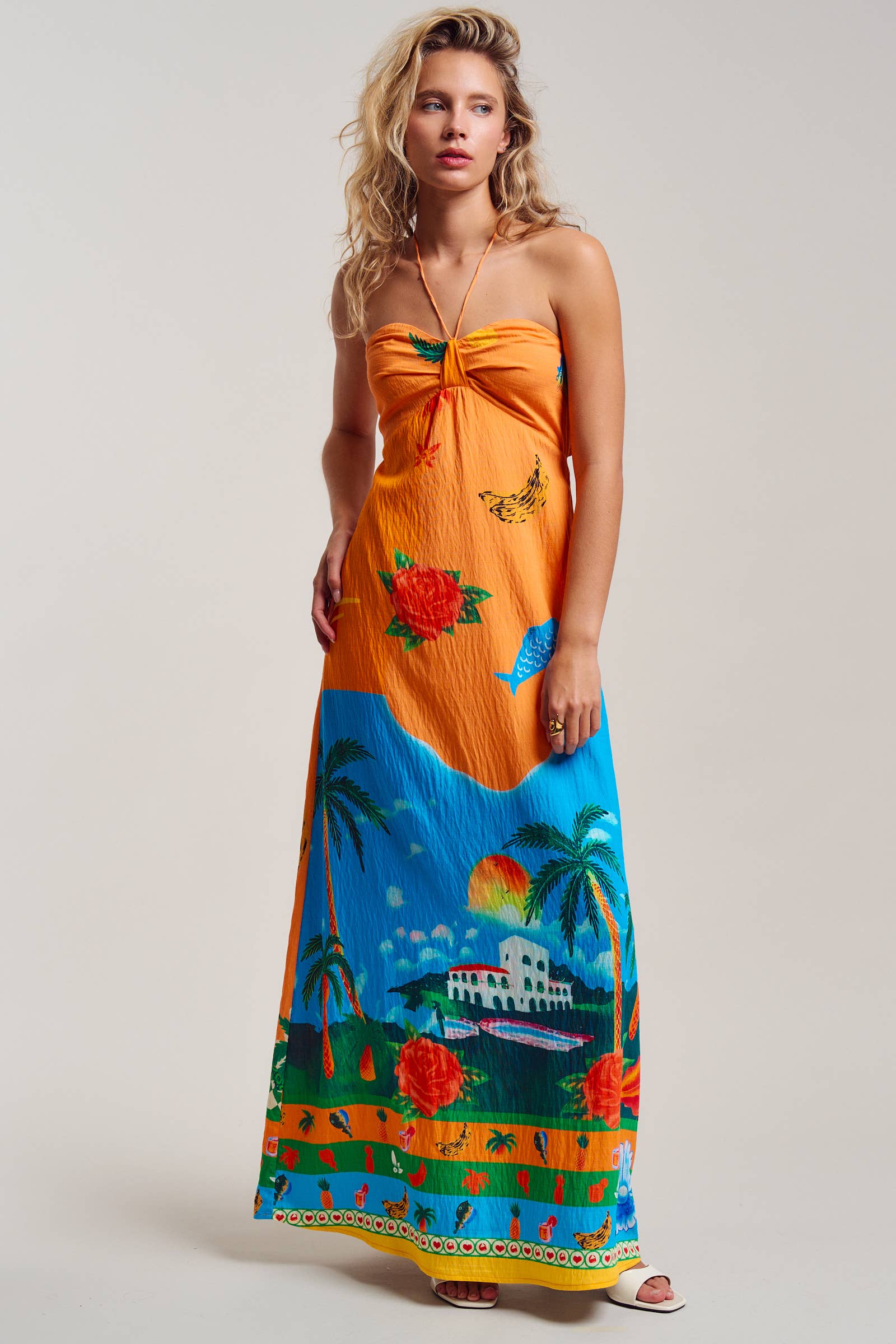 Urban Daizy Vibrant Tropical Scenic Print Halter Maxi Dress Multi Dress - Women's (UDDR0355-Multi)