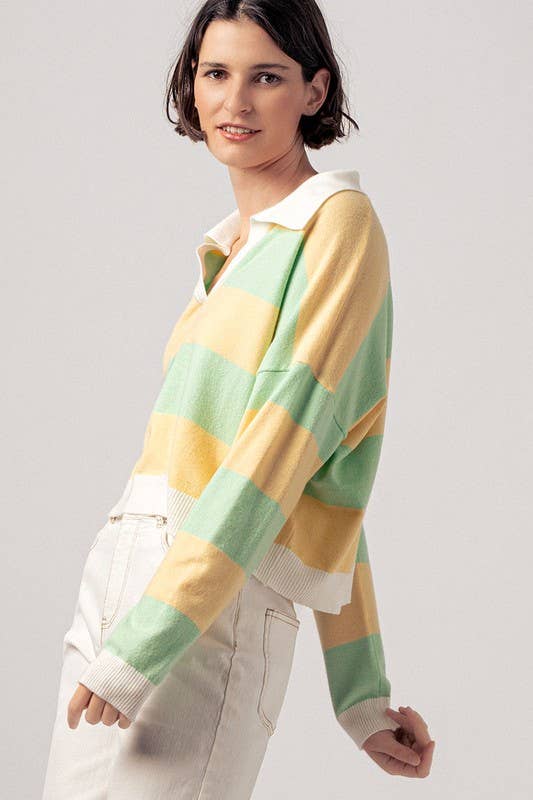 Preppy Striped Contrast Collar Cropped Rugby Long Sleeve Top