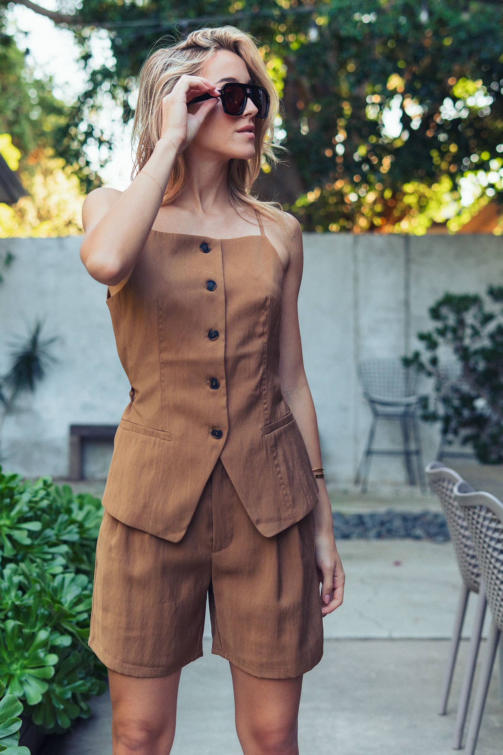 Button Front Tie Waist Vest Top