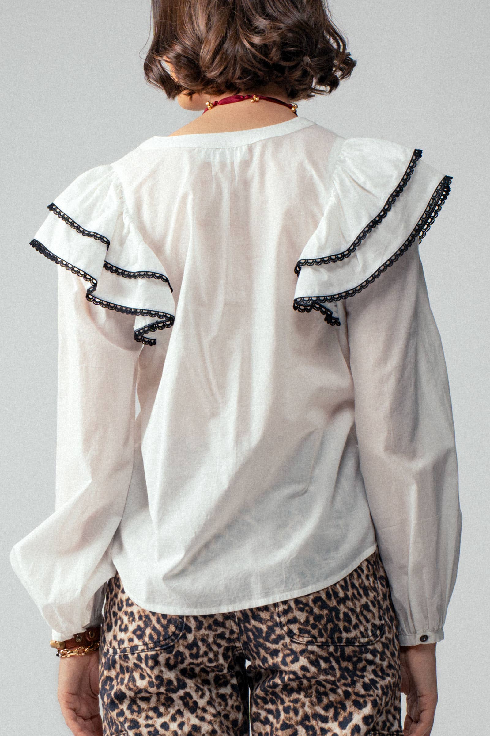 Urban Daizy Ruffled Shoulder V Neck Button Down Blouse White Black Blouse - Women's (UDZ-TP-00746) – alternate view 5