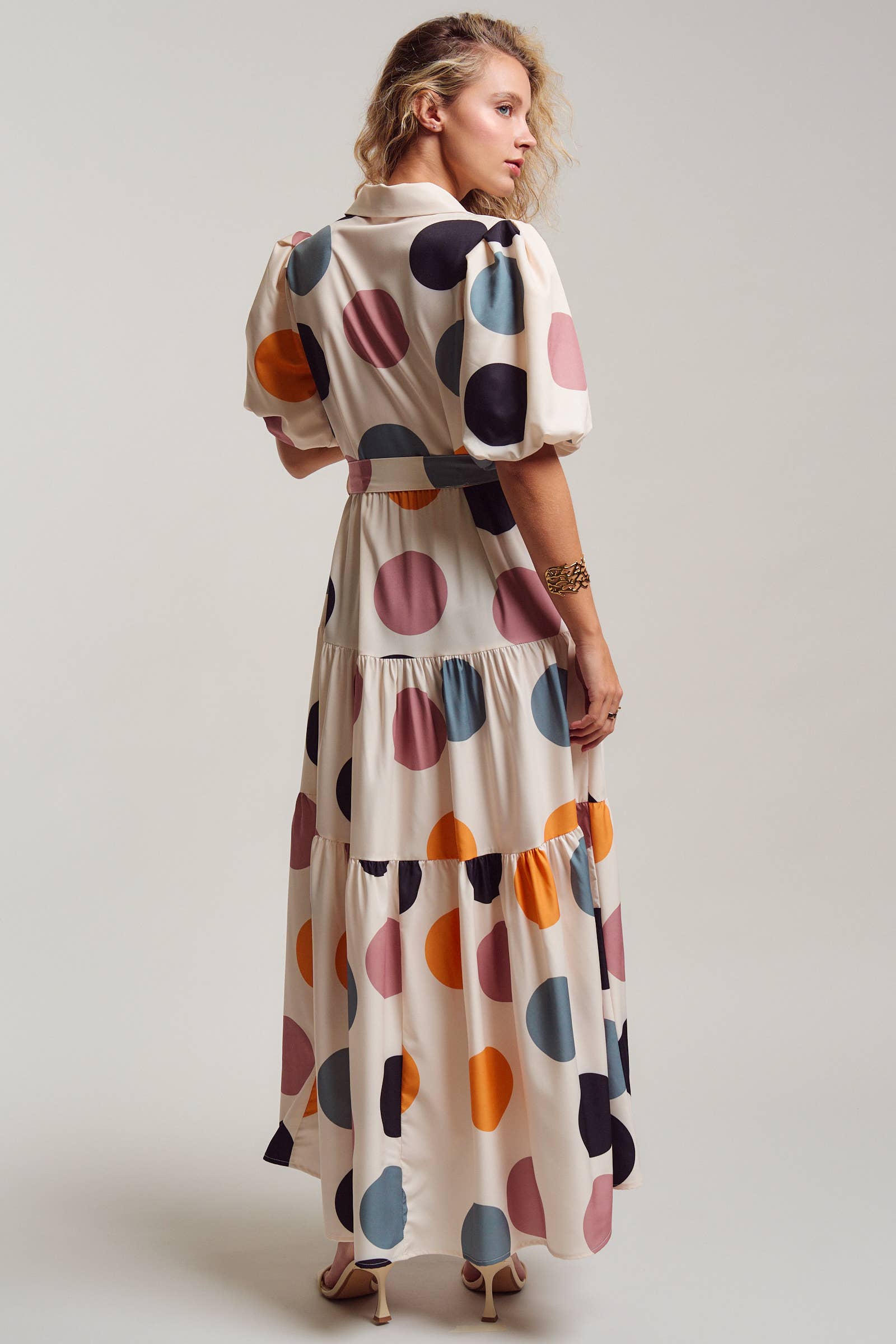 Urban Daizy Retro Polka Dot Puff Sleeve Tiered Maxi Shirt Dress Cream Dress - Women's (TNDR1630-Cream) – alternate view 5