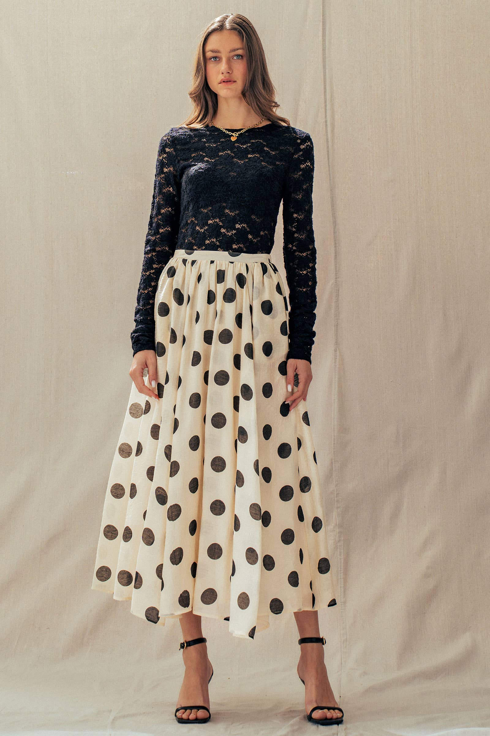 Polka Dot Elastic Waist Midi Skirt