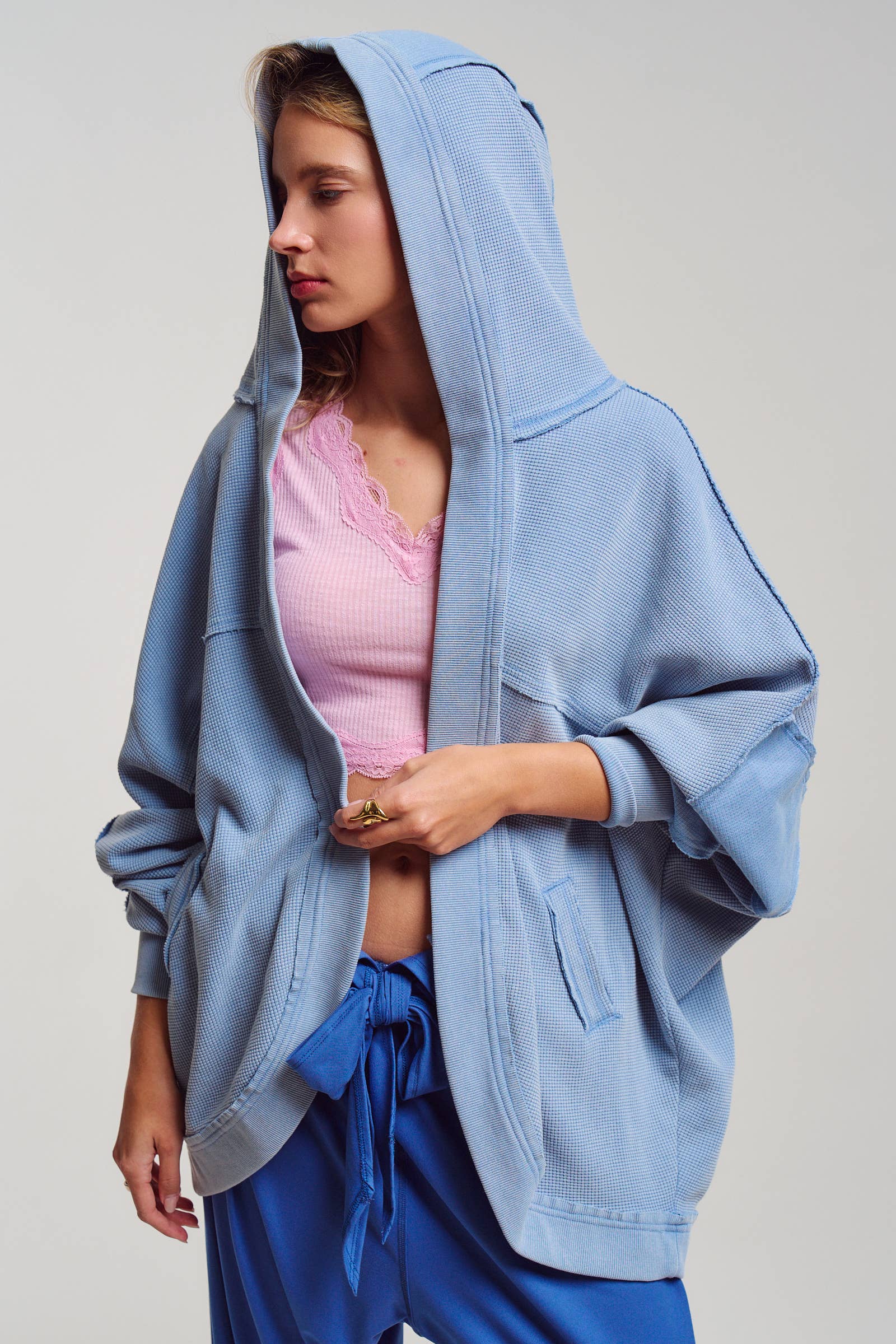 Washed Waffle Knit Hooded Cardigan
