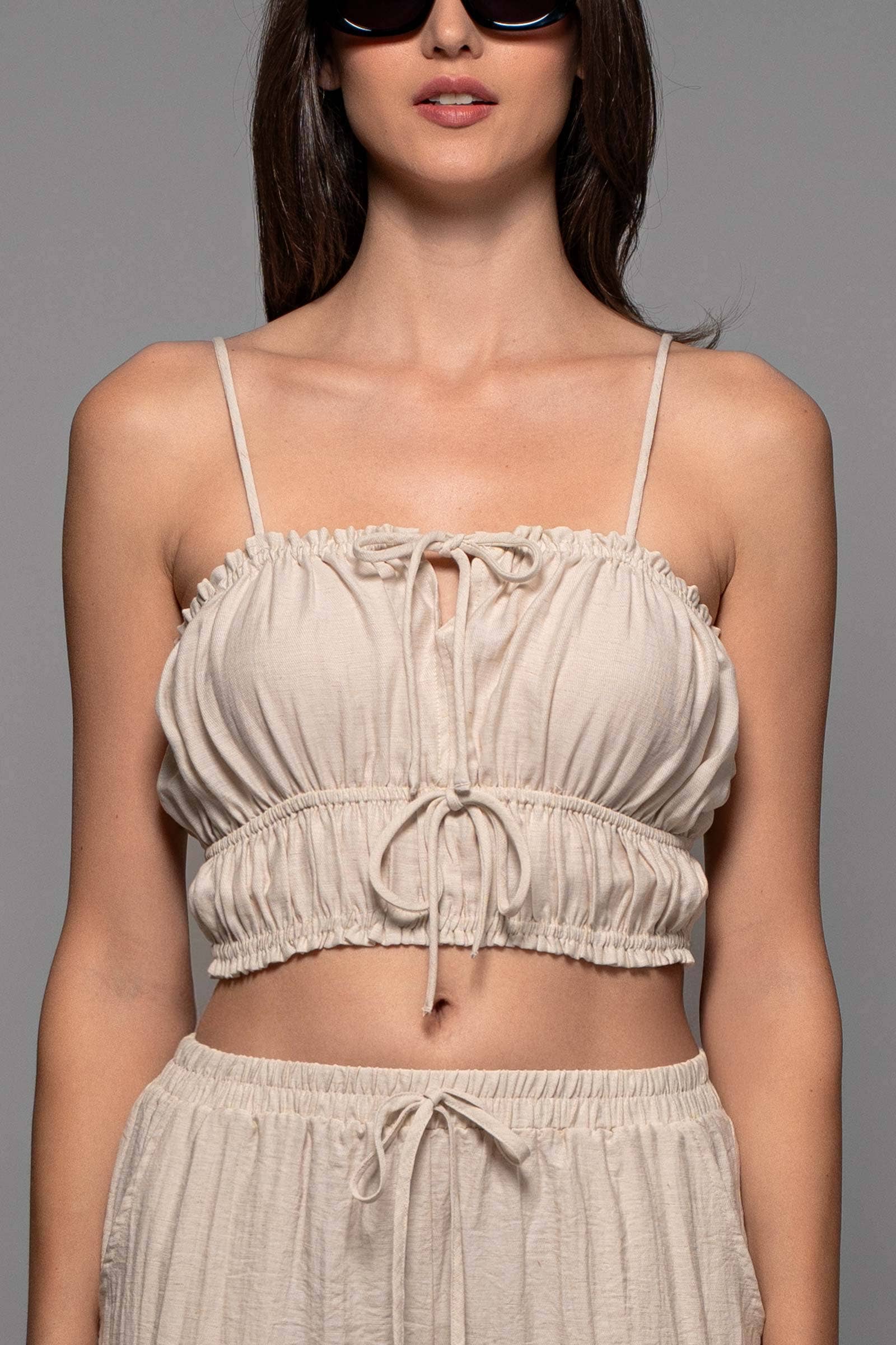 Linen-Blend Smocked Crop Top and Wide-Leg Pants Set