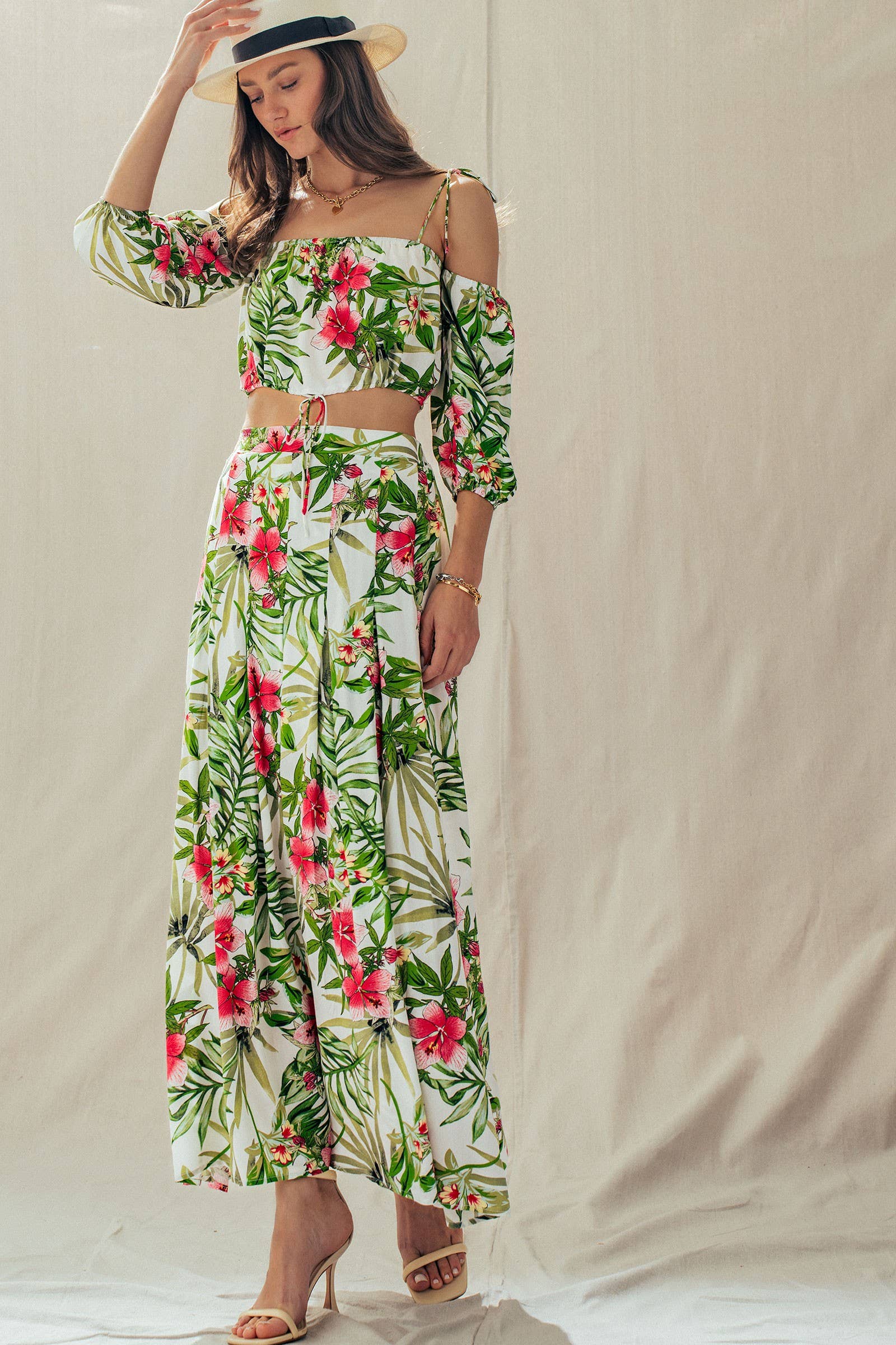 Urban Daizy Off Shoulder Crop Top with Floral Maxi Skirt White Top & Skirt Set - Women's (UDZ-AC-00238) – alternate view 4