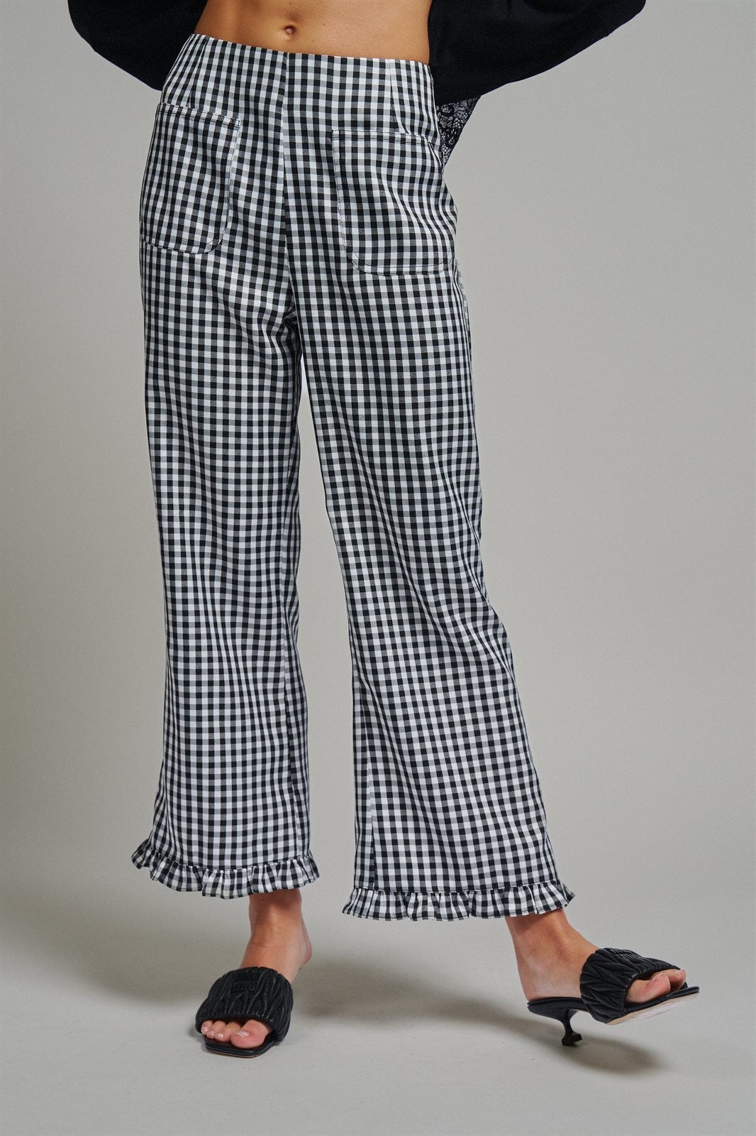 Gingham Ruffle Hem Cropped Wide Leg Pants in Brown in BLACK - Women's Casual Pants | Urban Daizy
