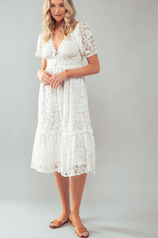 Scalloped Lace Button Front Midi Dress