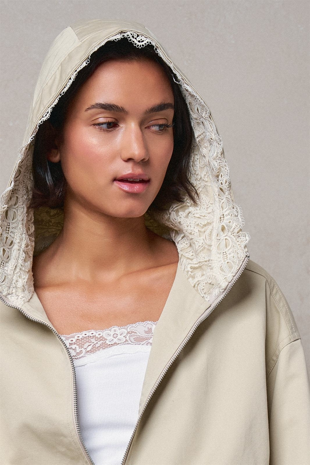Oversized Hooded Zip-Front Cotton Jacket in KHAKI - Women's Jackets & Blazers | Urban Daizy