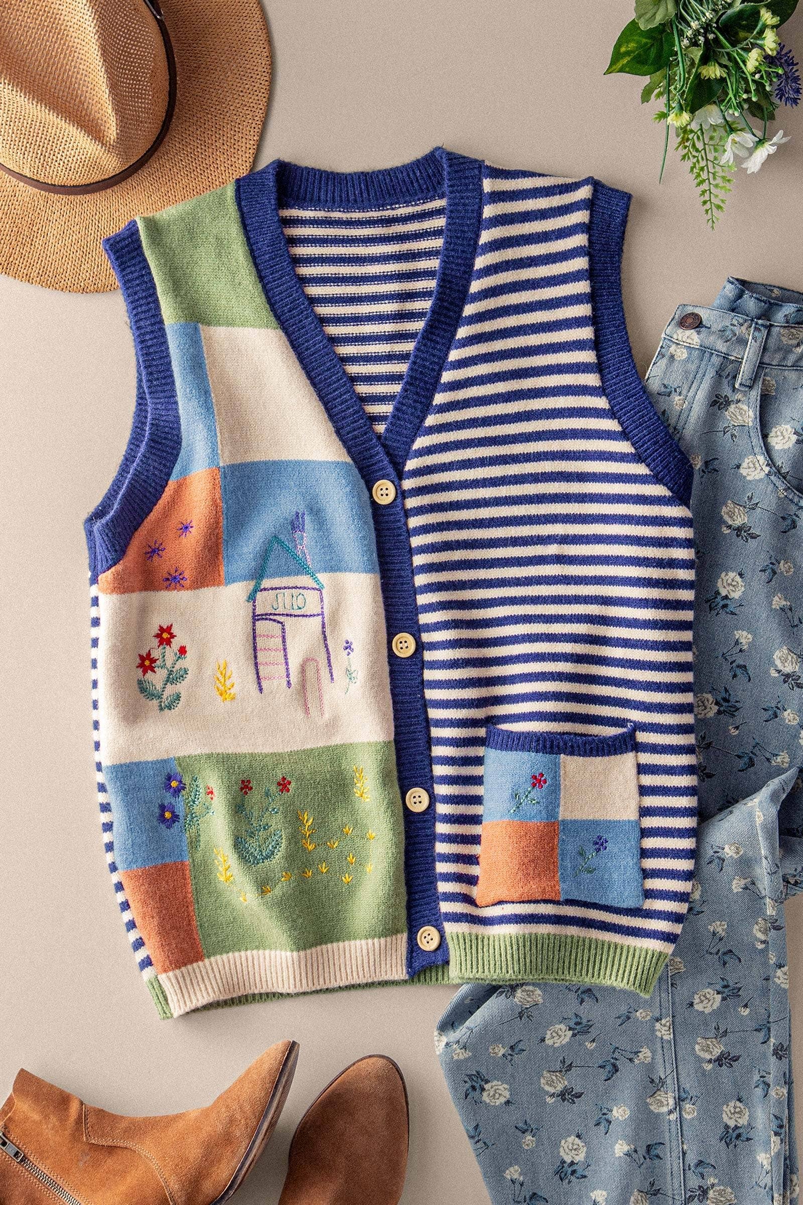 Embroidered Patchwork Striped Knit Vest