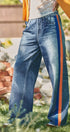 Wide Leg Faux Denim Print French Terry Track Pants with Side in ORANGE BLUE - Women's Casual Pants | Urban Daizy