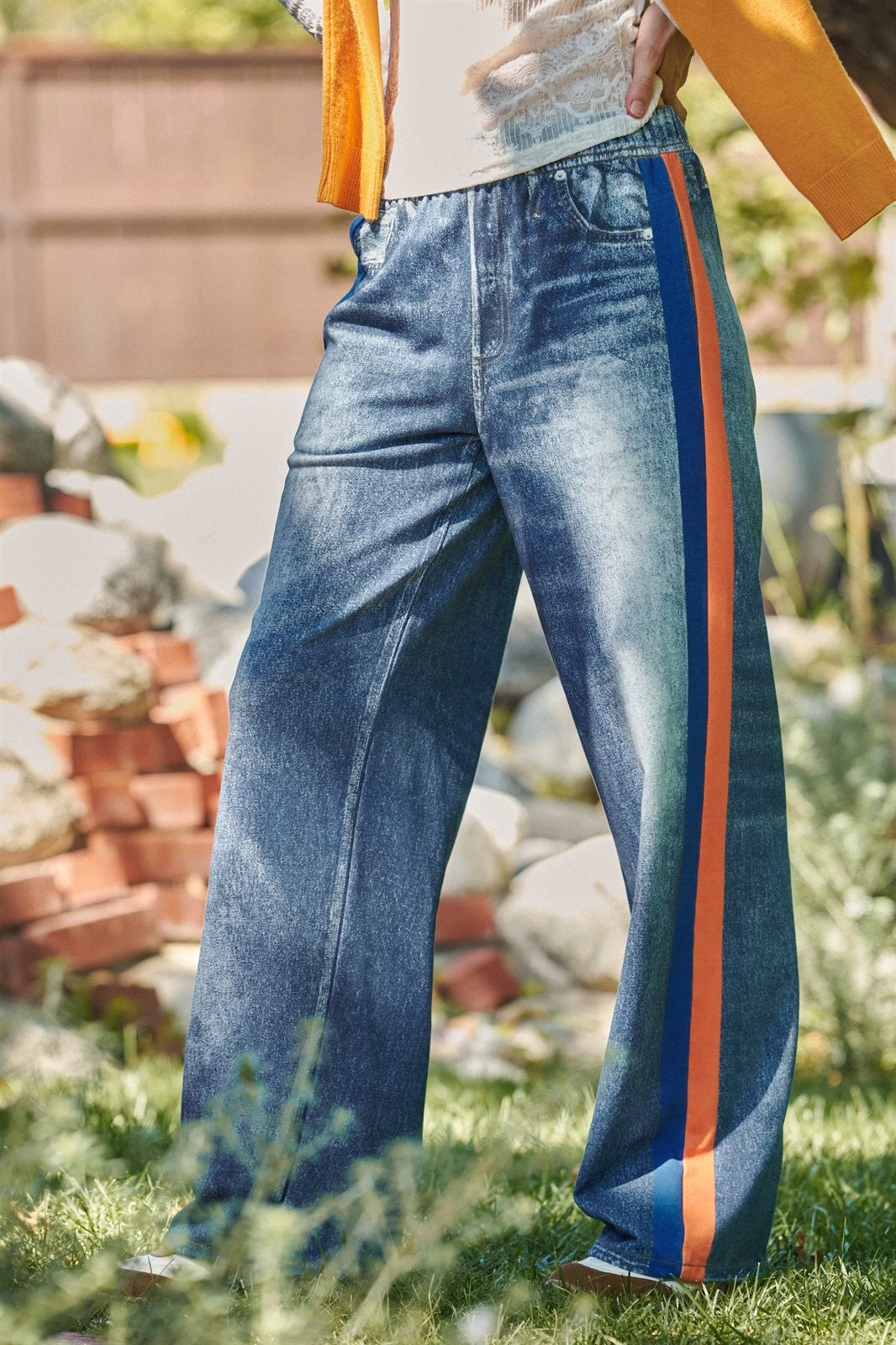Wide Leg Faux Denim Print French Terry Track Pants with Side in ORANGE BLUE - Women's Casual Pants | Urban Daizy
