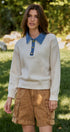 Denim Collar Polo Sweater with Gold Buttons in IVORY - Women's Sweaters | Urban Daizy