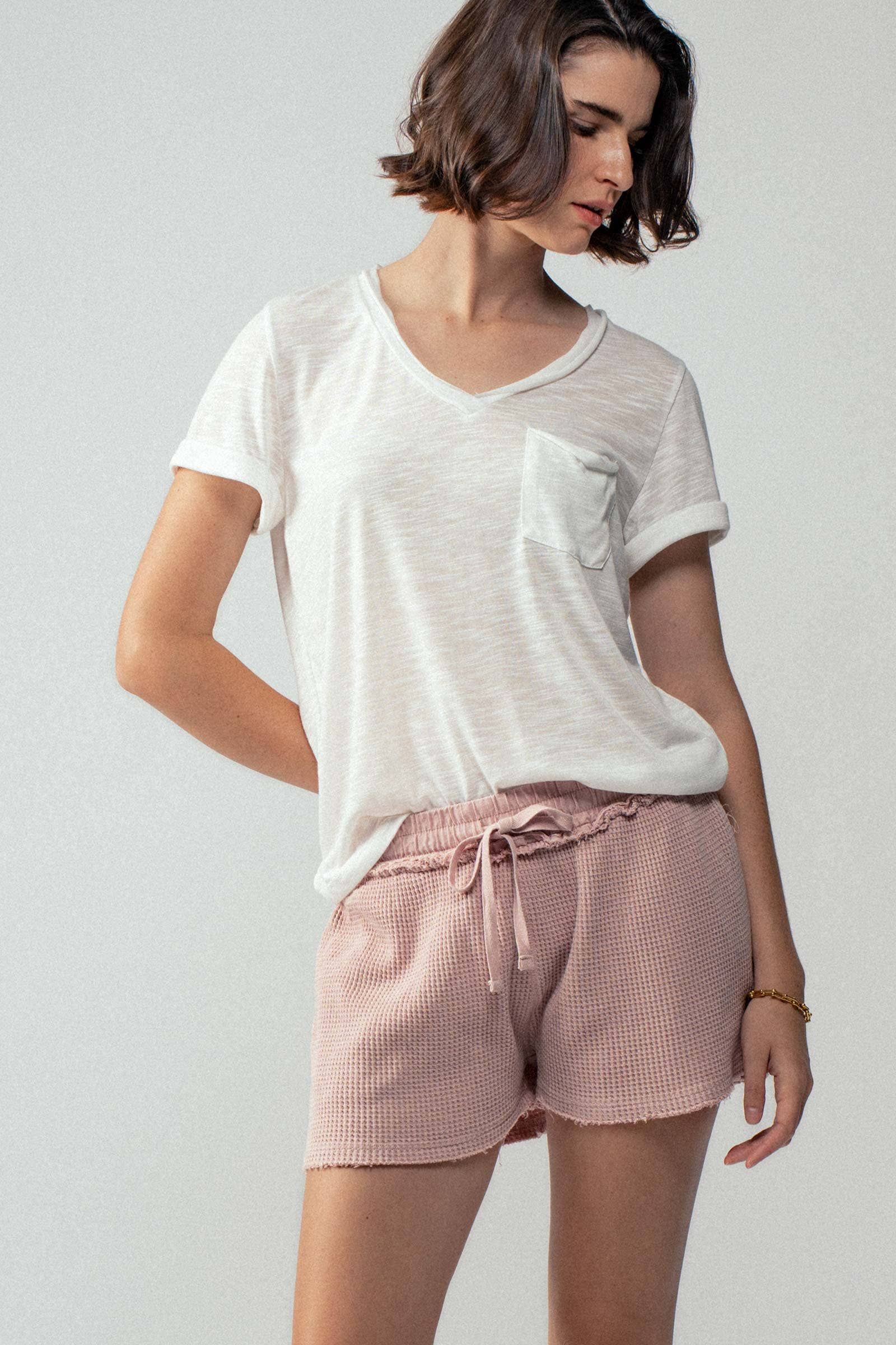 Waffle Knit Distressed Hem Drawstring Lounge Shorts