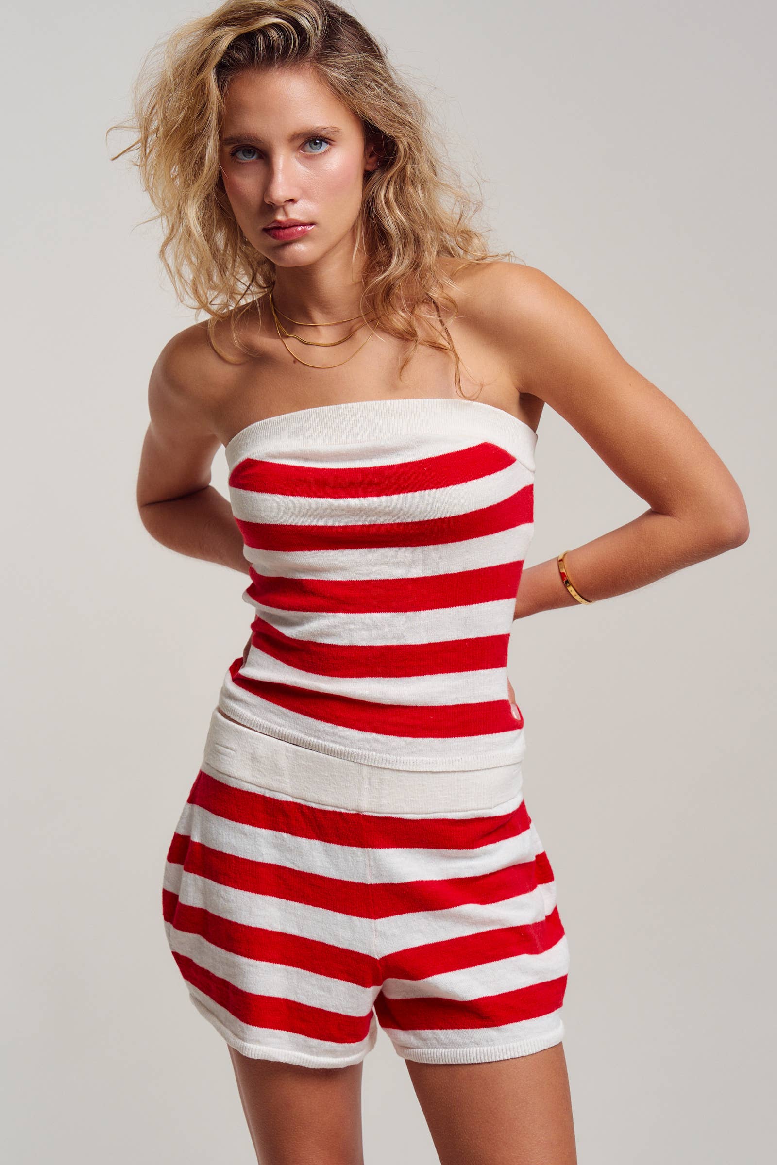 Urban Daizy Retro Striped Knit Bandeau & Shorts Co-ord Set Ivory-Navy Lounge Set - Women's (UDST0149-Ivory-Navy) – alternate view 12