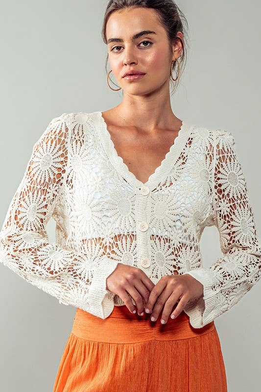 Urban Daizy Romantic Floral Crochet Button Down Spring Cropped Cardigan Natural Cardigan - Women's (UDZ-KN-00331)