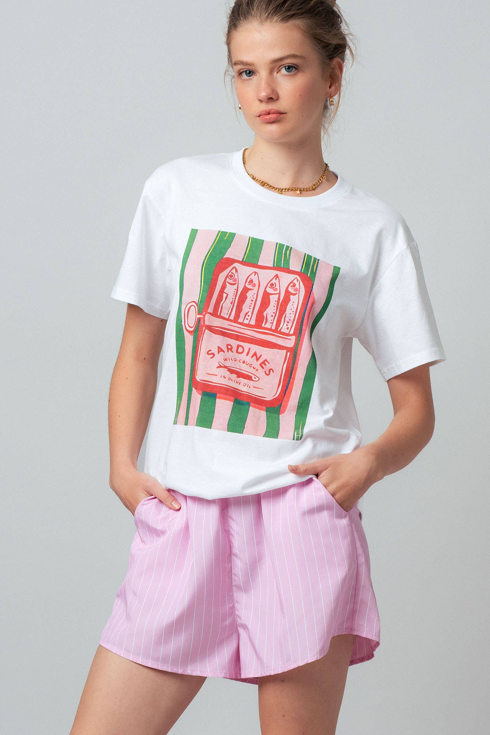 Sardine Graphic Tee and Striped Shorts Set