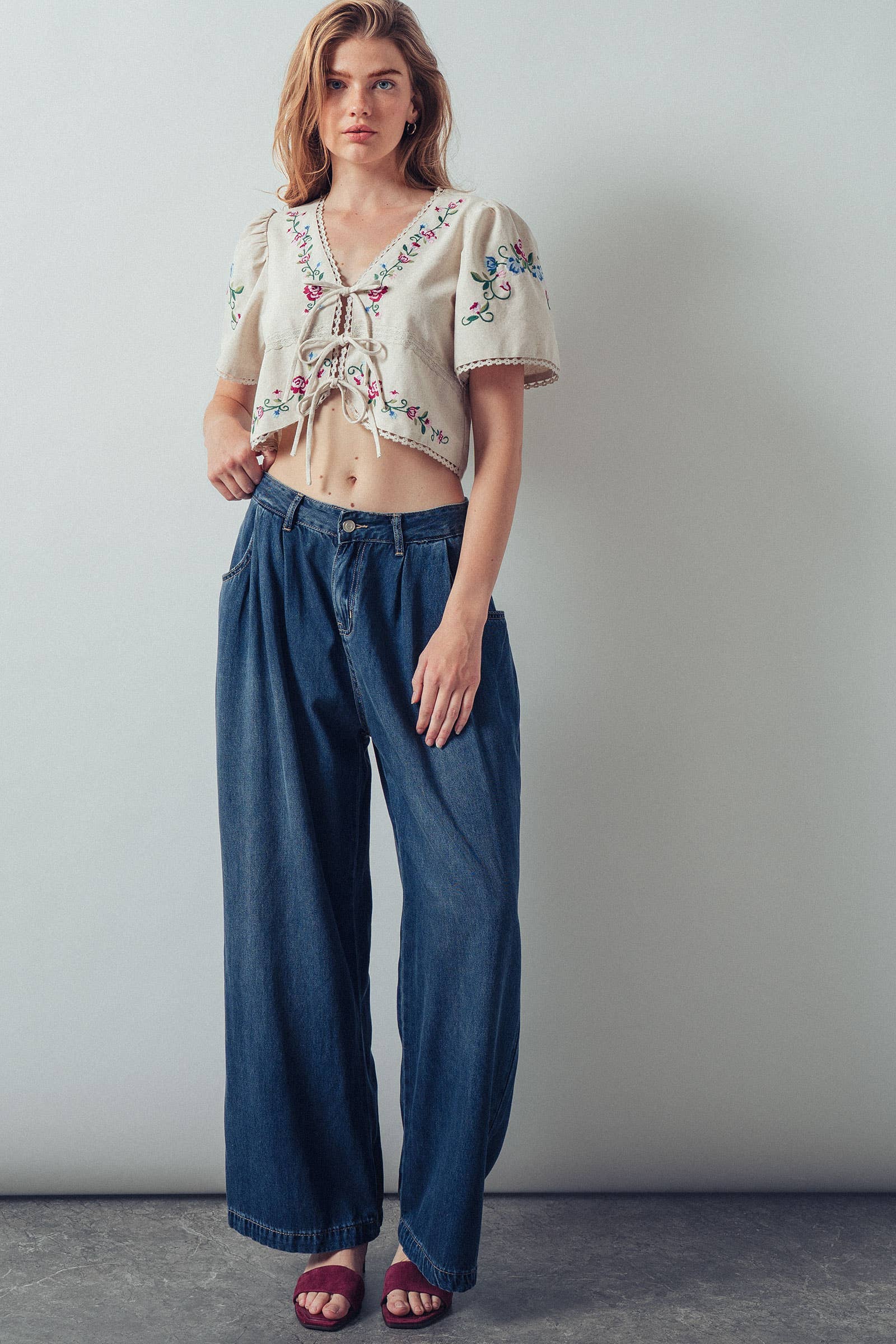 Pleated Wide-Leg Denim Pants