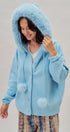 Faux Fur Hood Pom Pom Cardigan Wool Blend in Baby Blue in BLUE - Women's Cardigans & Shrugs | Urban Daizy